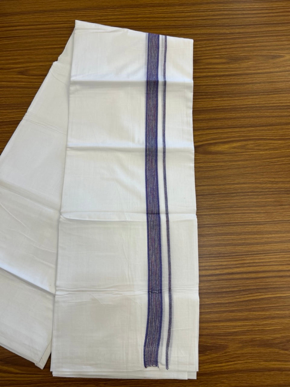 20% Discount ! Kaitharikada Balaramapuram 100% Cotton Pure White Rainbow Double Mundu/Dothi - 100x80 - 0.75 inch Indigo Blue & Multi colour Kara 3.80 mtr (8 muzham) - 29 KK5299 THI