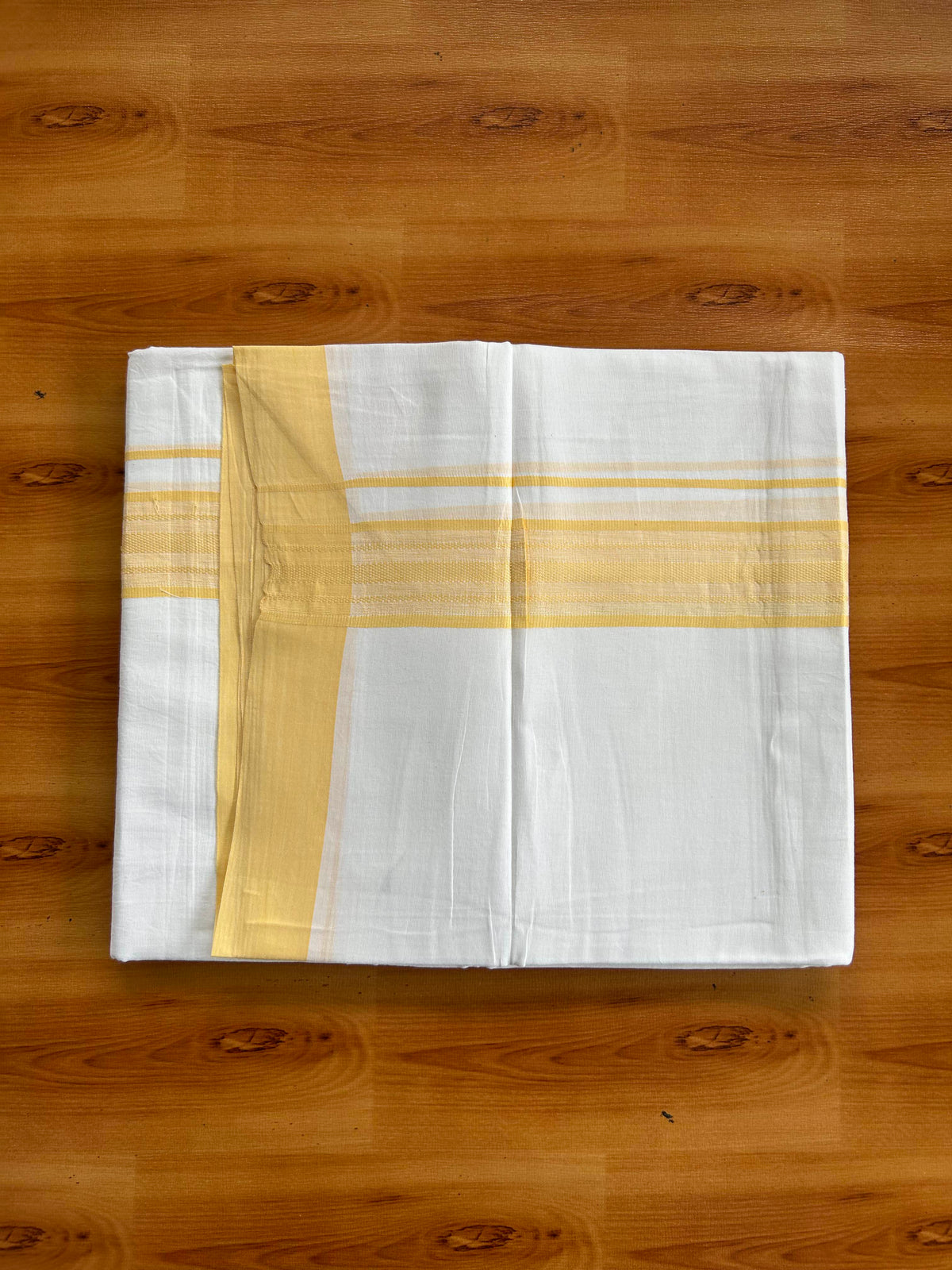 Pure White Double Mundu/Dhoti - 20% Discount ! Kaitharikada 100% Cotton - 100x80 - 1.5 inch Light Yellow Striped Kara 3.80 mtr (8 muzham) - 1 KK5558 THI