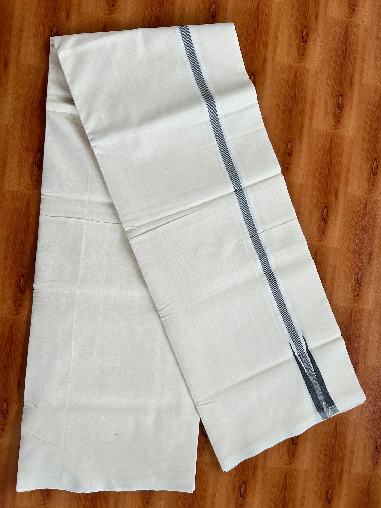 Double Off White (Unbleached) Mundu/Dhoti - 25% Discount!! KaithariKada Handloom Unakkupaav - Kerala Handloom - 100% Pure Cotton - 80x90 - 0.5 inch Black Shaded Striped Chutty Kara 4 meter (8.5 muzham) - 18 KK5449 YAR