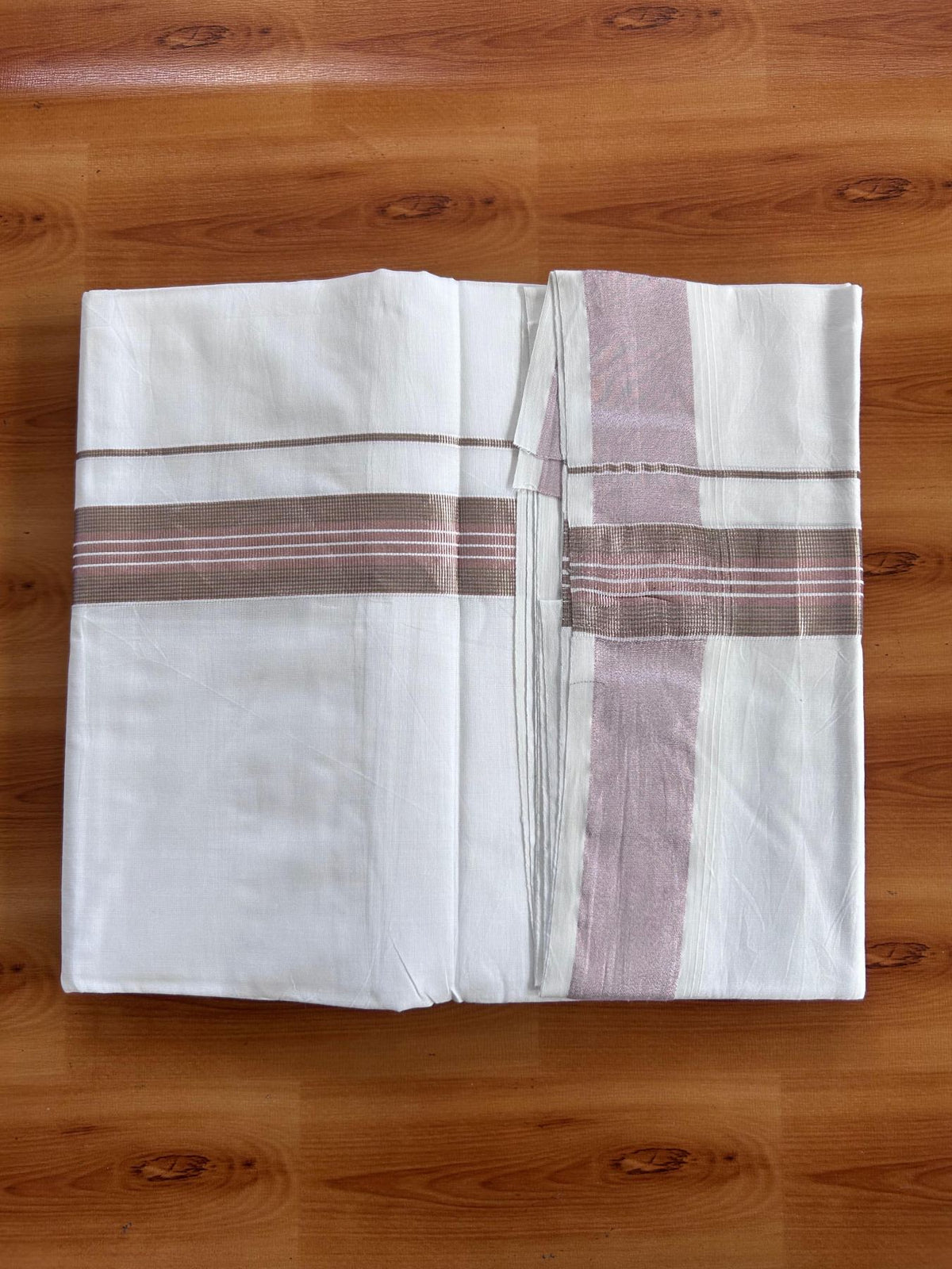 Pure White Double Mundu/Dothi - 20% Discount ! Kaitharikada Balaramapuram 100% Cotton - 100x80 - 1.5 inch Rose Pink Kasav & Silver Kasav Stripes Kara 3.90 m (8 muzham) - 12 KK5513 MC