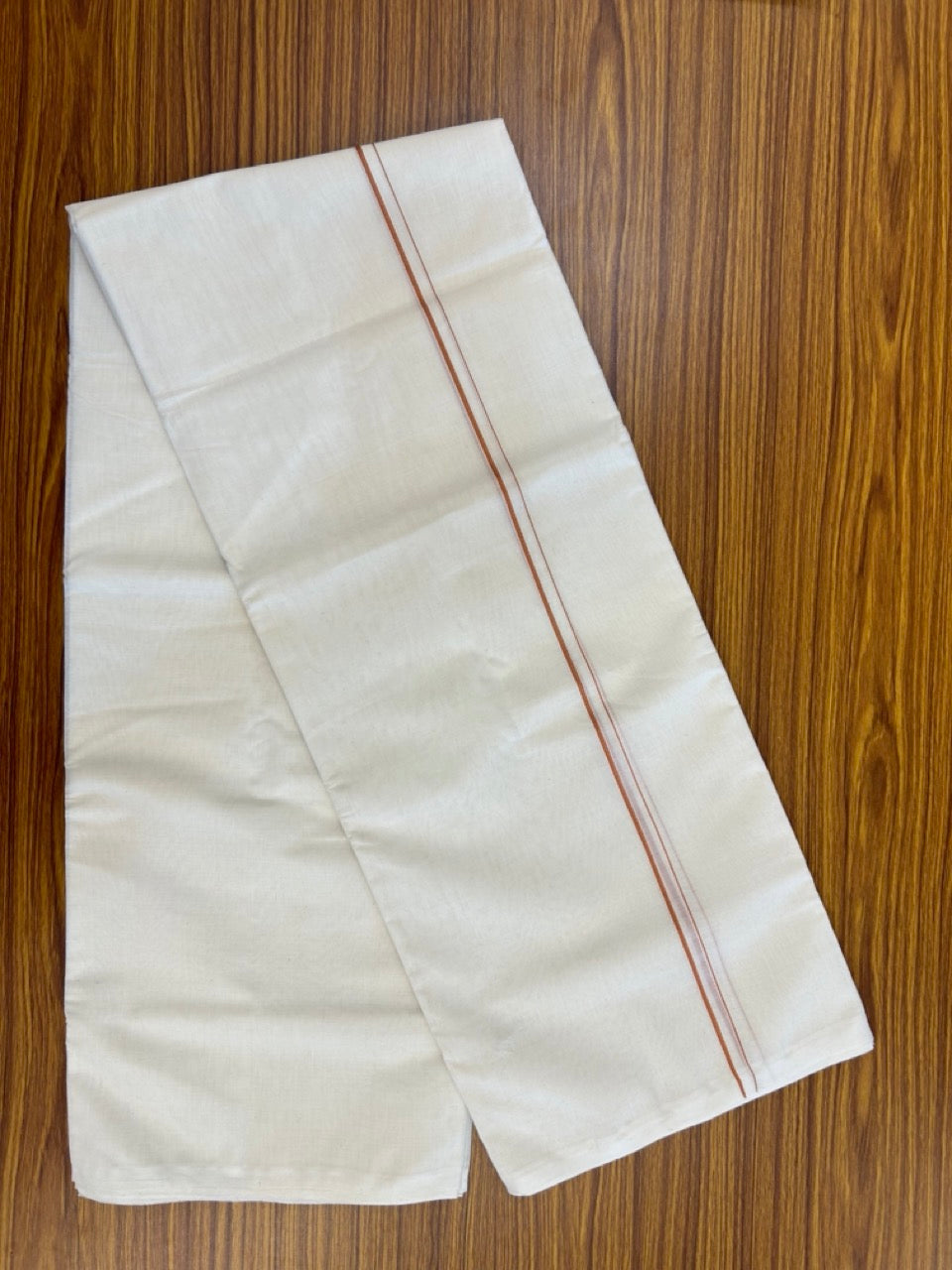 25% DISCOUNT! KaithariKada HANDLOOM Millpaav Balaramapuram - 100% PURE Cotton OFF WHITE (Unbleached) Double Mundu/Dhoti - 80X90 - 0.5 cm Cinnamon Brown Kara 4 mtr (8.5 muzham) - 35KK5234 RAM