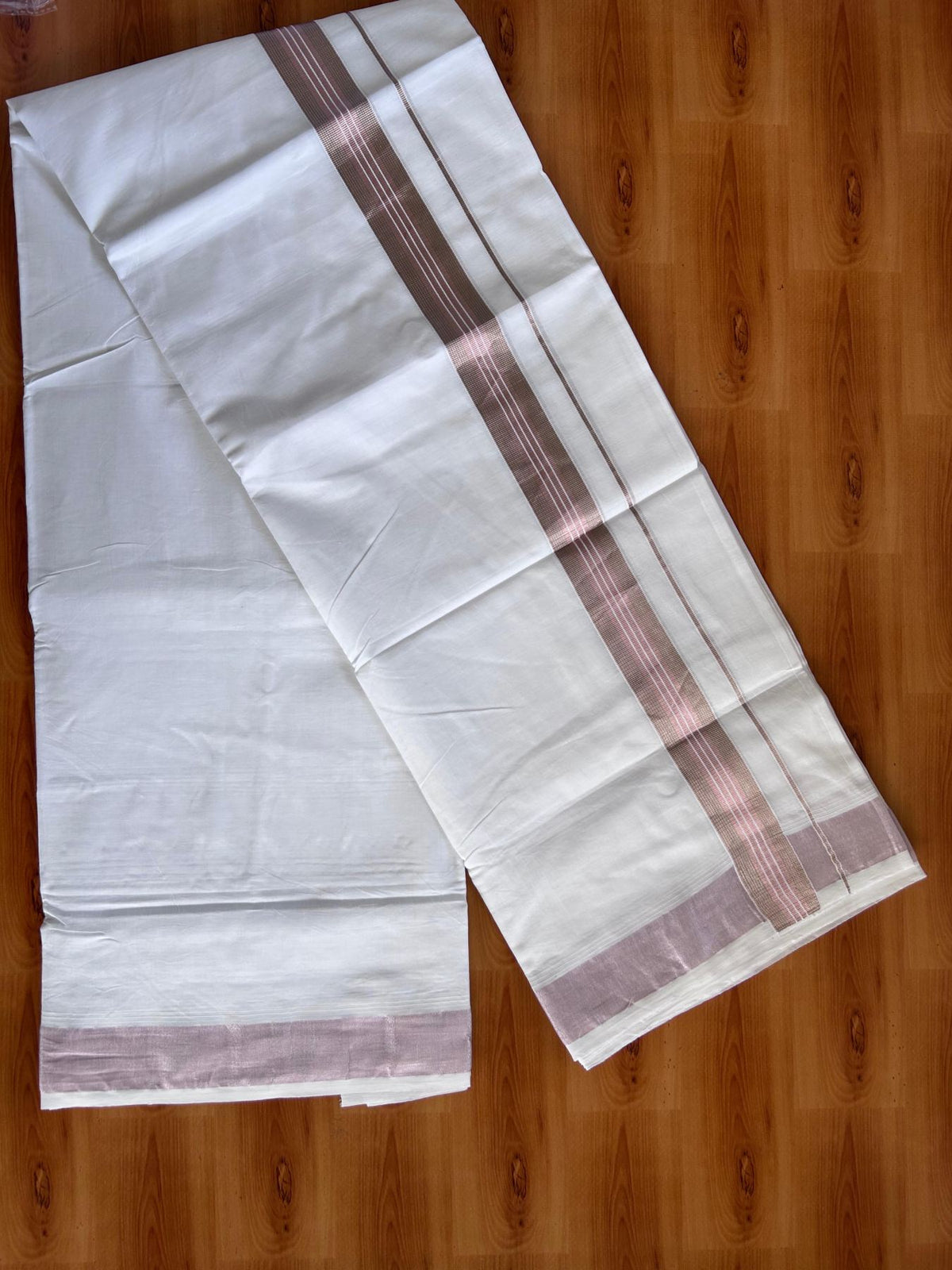 Pure White Double Mundu/Dothi - 20% Discount ! Kaitharikada Balaramapuram 100% Cotton - 100x80 - 1.5 inch Rose Pink Kasav & Silver Kasav Stripes Kara 3.90 m (8 muzham) - 12 KK5513 MC