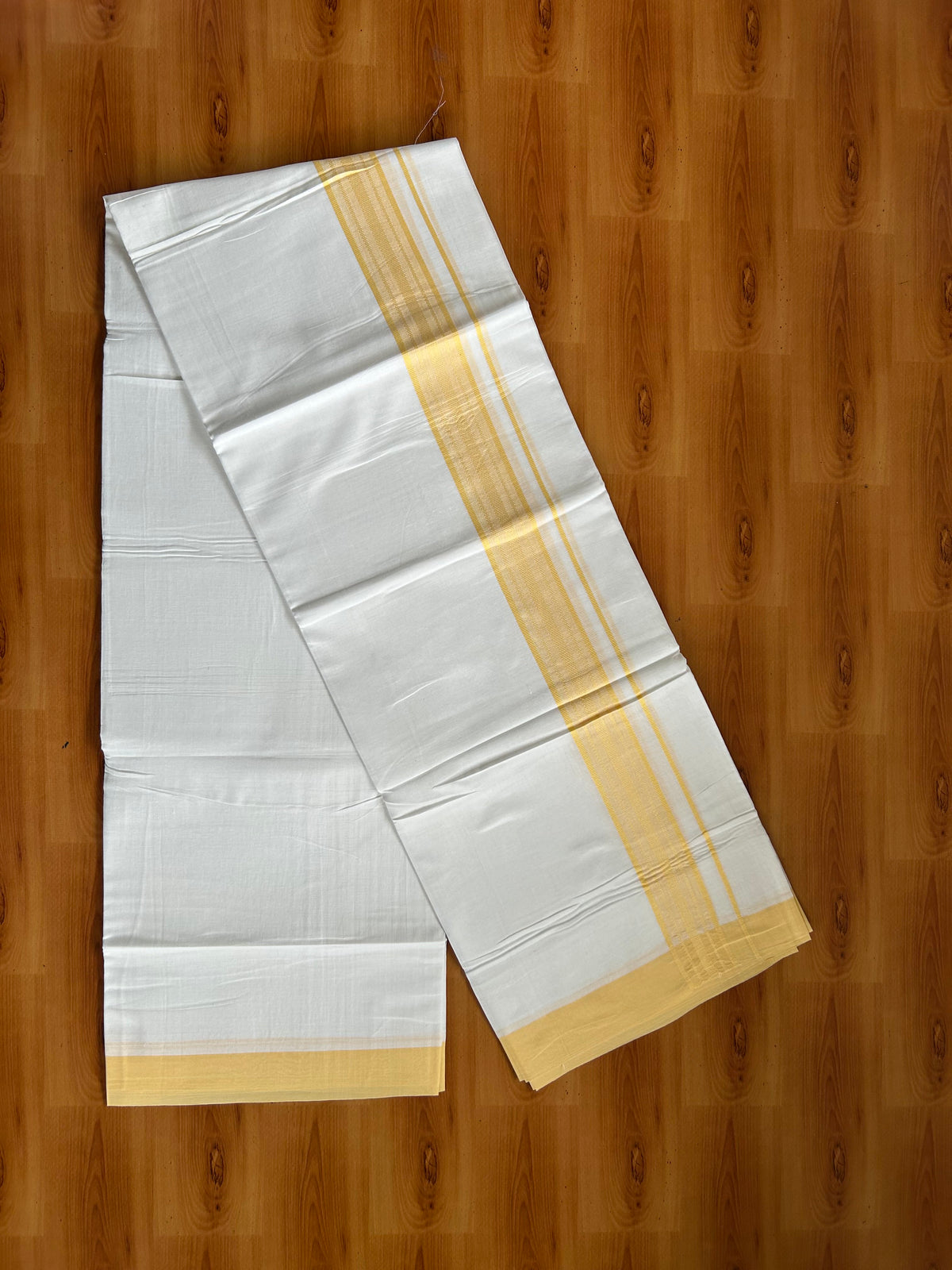 Pure White Double Mundu/Dhoti - 20% Discount ! Kaitharikada 100% Cotton - 100x80 - 1.5 inch Light Yellow Striped Kara 3.80 mtr (8 muzham) - 1 KK5558 THI