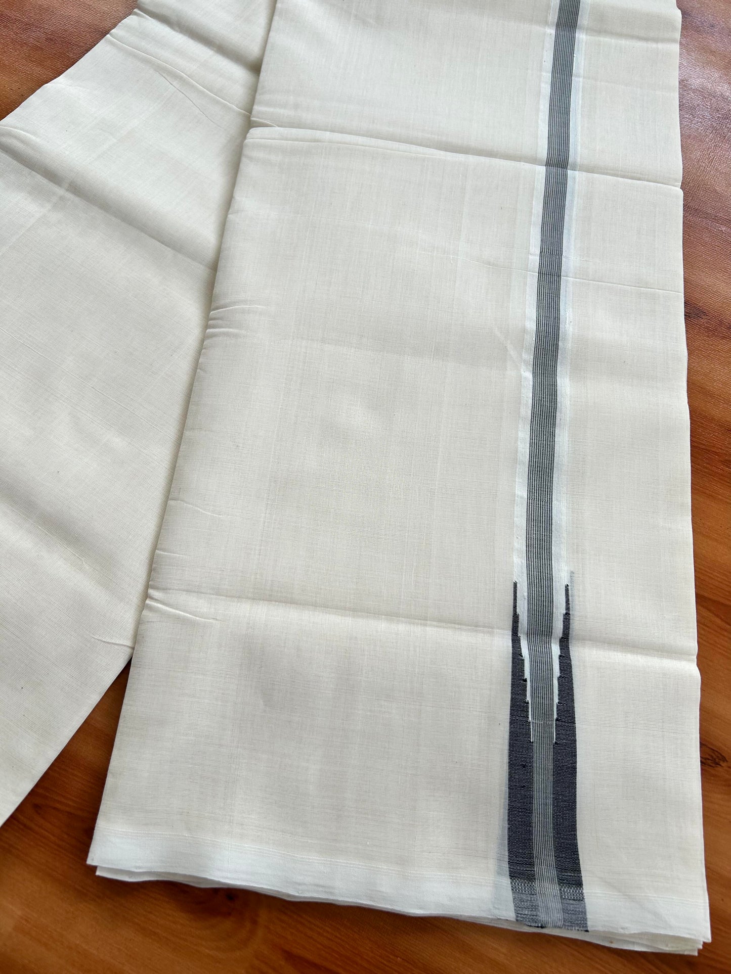 Double Off White (Unbleached) Mundu/Dhoti - 25% Discount!! KaithariKada Handloom Unakkupaav - Kerala Handloom - 100% Pure Cotton - 80x90 - 0.5 inch Black Shaded Striped Chutty Kara 4 meter (8.5 muzham) - 18 KK5449 YAR