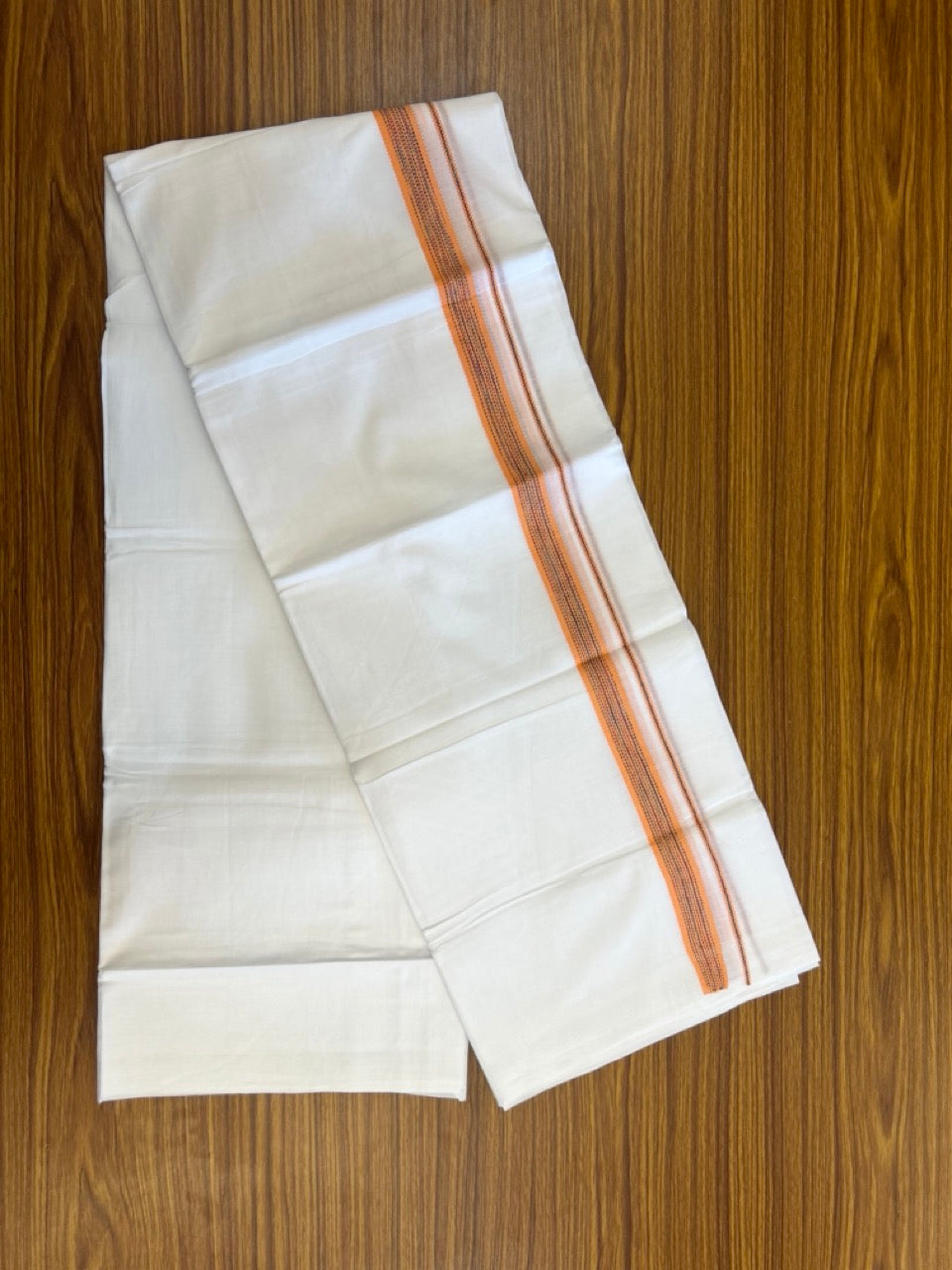 20% Discount ! Kaitharikada Balaramapuram 100% Cotton Pure White Rainbow Double Mundu/Dothi - 100x80 - 0.75 inch Light Orange & Multi colour Kara 3.80 mtr (8 muzham) - 28 KK5299 THI