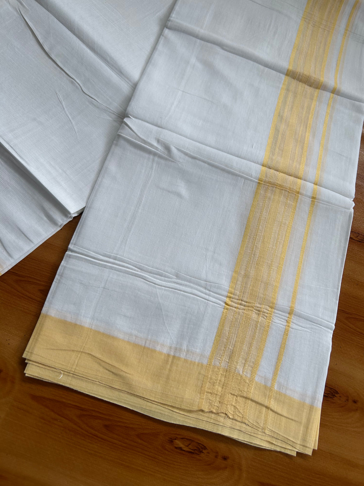 Pure White Double Mundu/Dhoti - 20% Discount ! Kaitharikada 100% Cotton - 100x80 - 1.5 inch Light Yellow Striped Kara 3.80 mtr (8 muzham) - 1 KK5558 THI