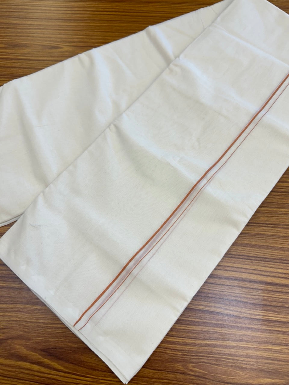 25% DISCOUNT! KaithariKada HANDLOOM Millpaav Balaramapuram - 100% PURE Cotton OFF WHITE (Unbleached) Double Mundu/Dhoti - 80X90 - 0.5 cm Cinnamon Brown Kara 4 mtr (8.5 muzham) - 35KK5234 RAM