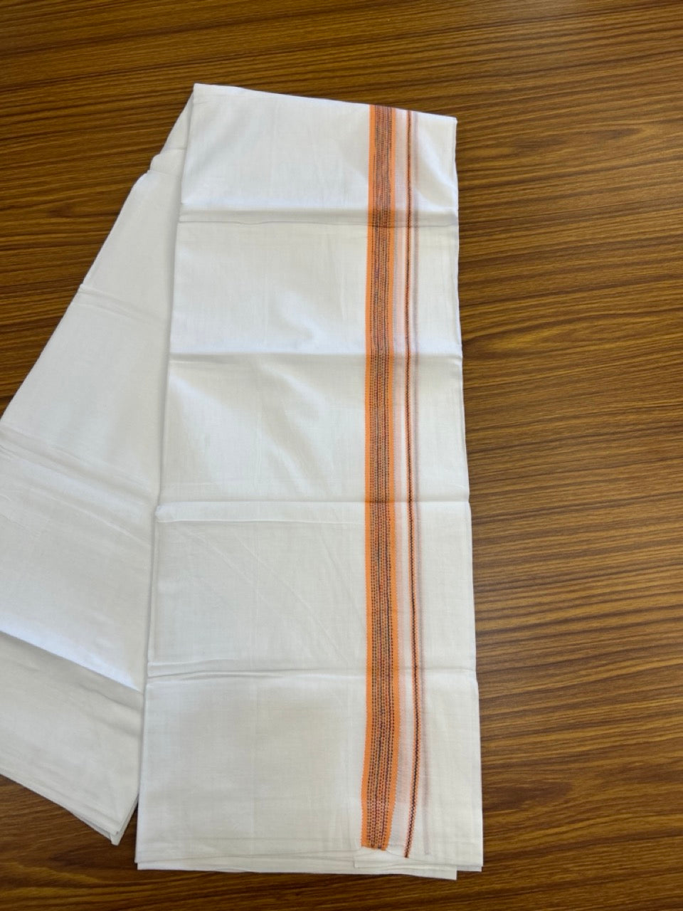 20% Discount ! Kaitharikada Balaramapuram 100% Cotton Pure White Rainbow Double Mundu/Dothi - 100x80 - 0.75 inch Light Orange & Multi colour Kara 3.80 mtr (8 muzham) - 28 KK5299 THI