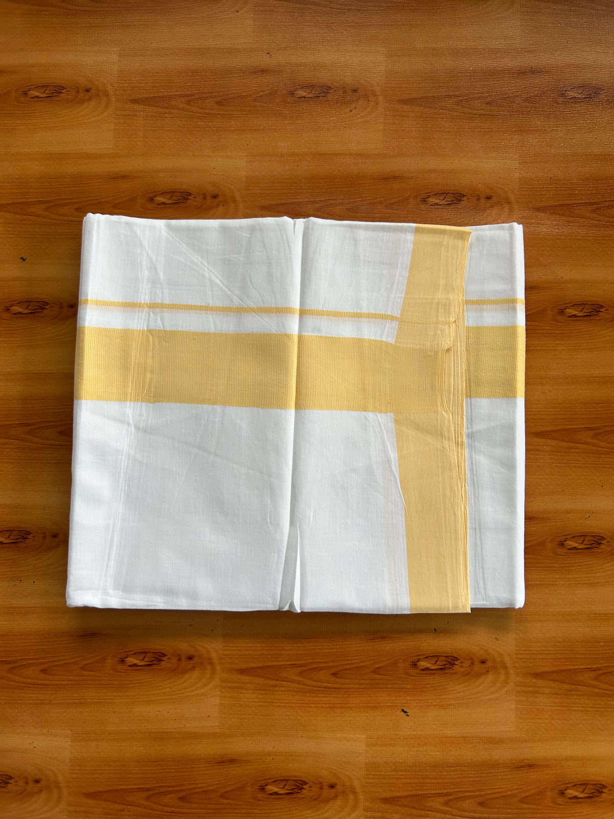 Pure White Double Mundu/Dhoti - 20% Discount ! Kaitharikada 100% Cotton - 100x80 - 1.75 inch Light Yellow  Kara 3.80 mtr (8 muzham) - 2 KK5558 THI