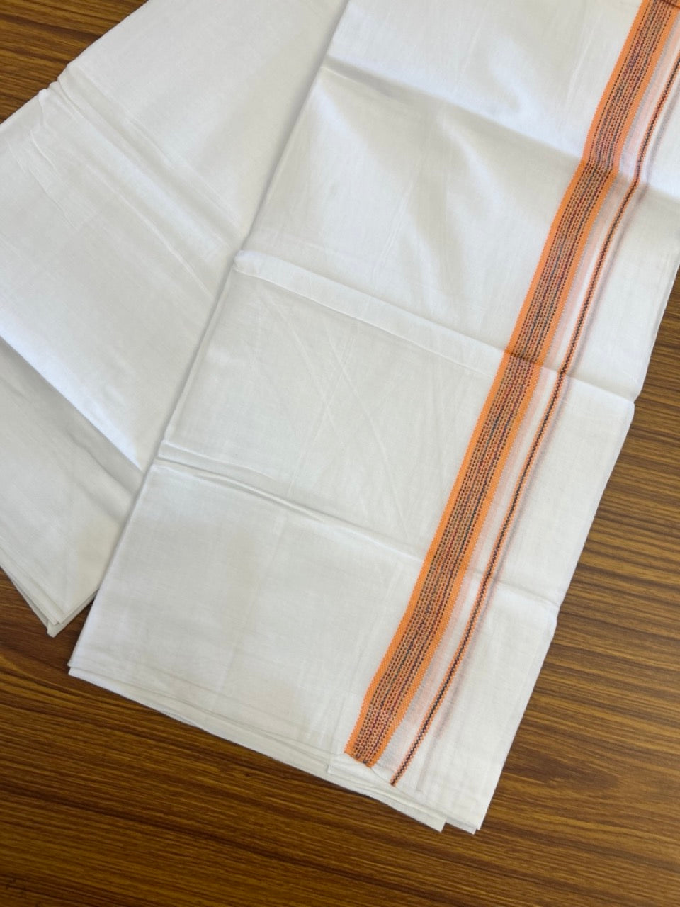 20% Discount ! Kaitharikada Balaramapuram 100% Cotton Pure White Rainbow Double Mundu/Dothi - 100x80 - 0.75 inch Light Orange & Multi colour Kara 3.80 mtr (8 muzham) - 28 KK5299 THI