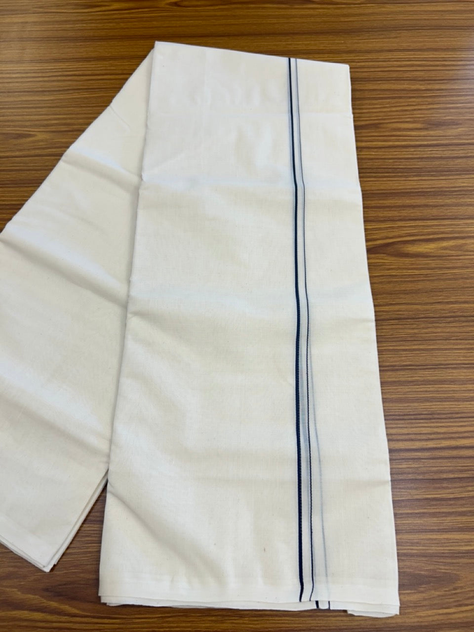 25% DISCOUNT! KaithariKada HANDLOOM Millpaav Balaramapuram - 100% PURE Cotton OFF WHITE (Unbleached) Double Mundu/Dhoti - 80X90 - 0.5 cm Navy Blue Kara 4 mtr (8.5 muzham) - 36KK5234 RAM
