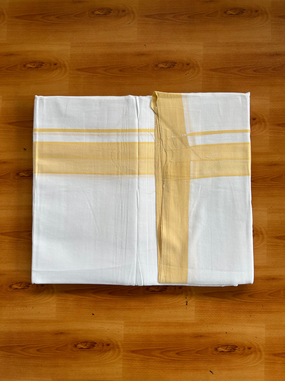 Pure White Double Mundu/Dhoti - 20% Discount ! Kaitharikada 100% Cotton - 100x80 - 1.5 inch Light Yellow  Kara 3.80 mtr (8 muzham) - 3 KK5558 THI