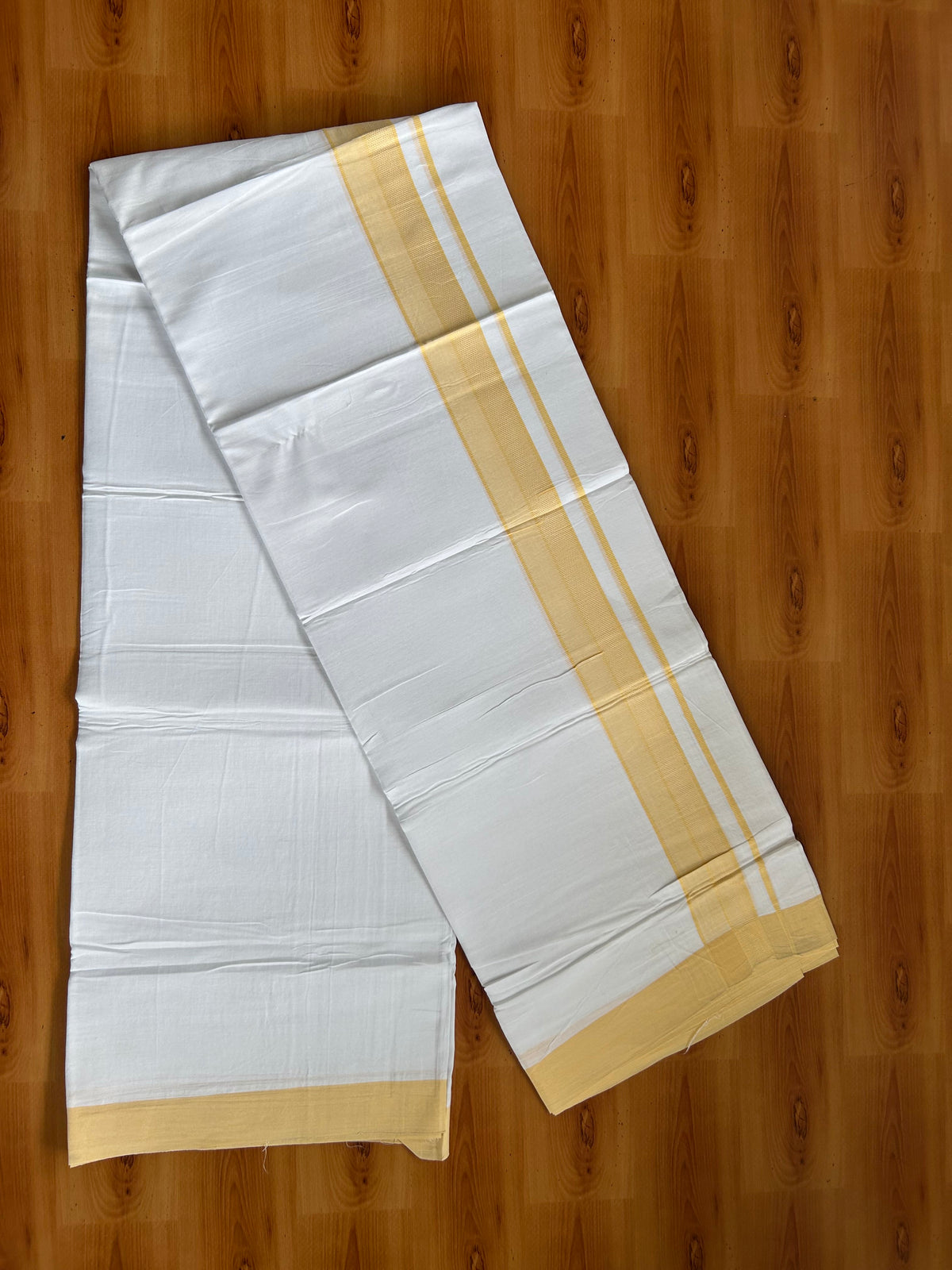 Pure White Double Mundu/Dhoti - 20% Discount ! Kaitharikada 100% Cotton - 100x80 - 1.5 inch Light Yellow  Kara 3.80 mtr (8 muzham) - 3 KK5558 THI