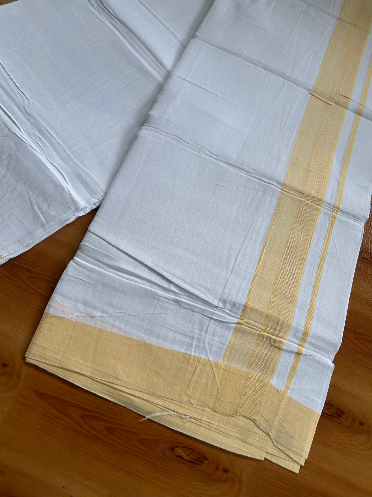 Pure White Double Mundu/Dhoti - 20% Discount ! Kaitharikada 100% Cotton - 100x80 - 1.5 inch Light Yellow  Kara 3.80 mtr (8 muzham) - 3 KK5558 THI