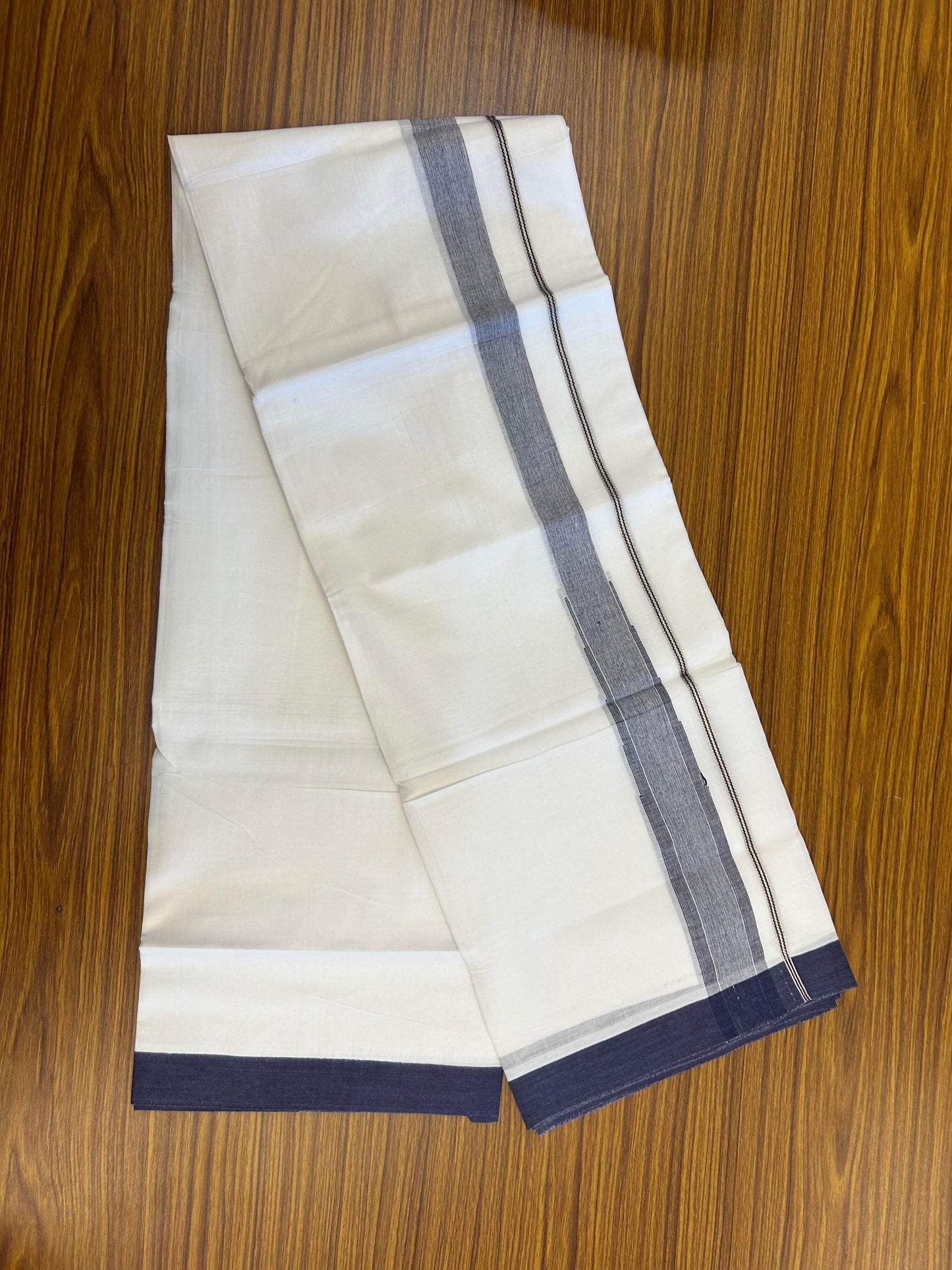 20% Discount ! KaithariKada Balaramapuram 100% Cotton Pure white Double Mundu/Dhoti - (100x80)s - 1.5 inch Silver Kasav & Navy Blue Shaded  Stripes Chutty Kara 3.90 mtr (8 muzham) - 128 KK5361 PMC