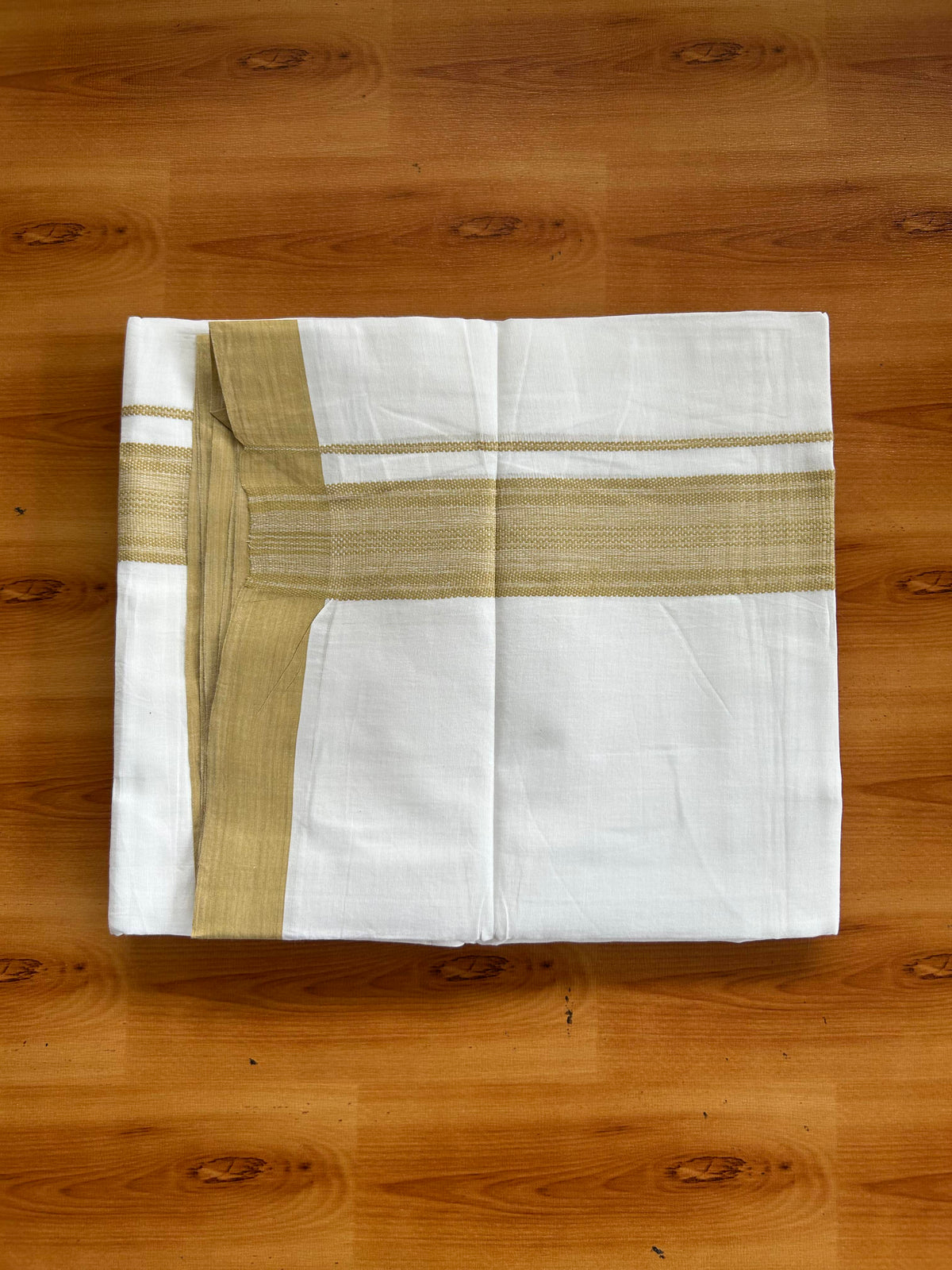 Pure White Double Mundu/Dhoti - 20% Discount ! Kaitharikada 100% Cotton - 100x80 - 1.75 inch Golden Brown Striped Kara 3.80 mtr (8 muzham) - 4 KK5558 THI