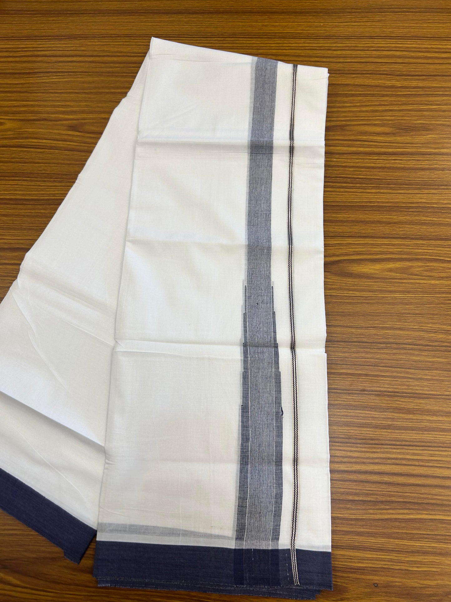 20% Discount ! KaithariKada Balaramapuram 100% Cotton Pure white Double Mundu/Dhoti - (100x80)s - 1.5 inch Silver Kasav & Navy Blue Shaded  Stripes Chutty Kara 3.90 mtr (8 muzham) - 128 KK5361 PMC