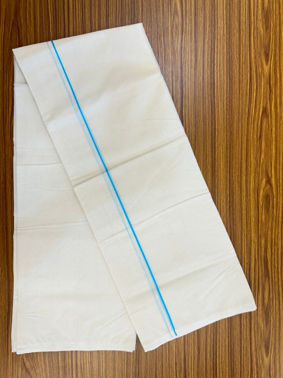 25% DISCOUNT! KaithariKada HANDLOOM Millpaav Balaramapuram - 100% PURE Cotton OFF WHITE (Unbleached) Double Mundu/Dhoti - 80X90 - 0.5 cm Electric Blue Kara 4 mtr (8.5 muzham) - 38KK5234 RAM