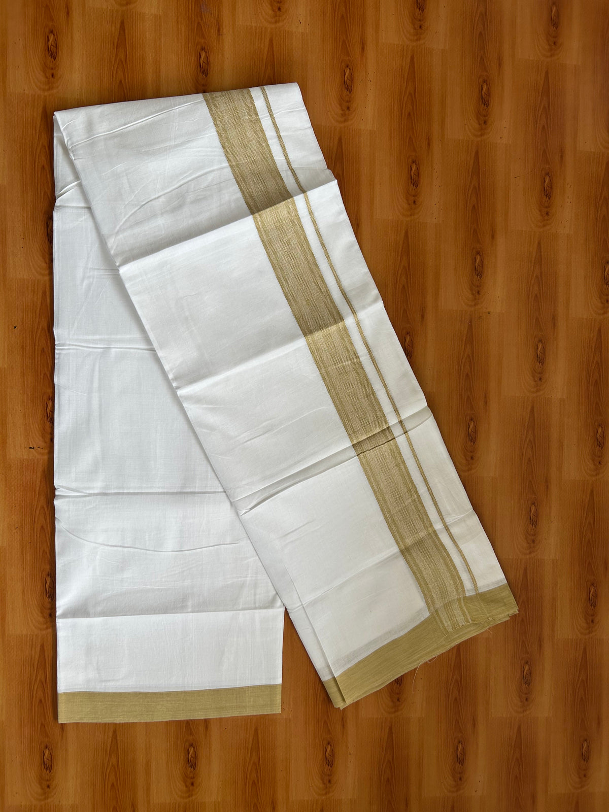 Pure White Double Mundu/Dhoti - 20% Discount ! Kaitharikada 100% Cotton - 100x80 - 1.75 inch Golden Brown Striped Kara 3.80 mtr (8 muzham) - 4 KK5558 THI