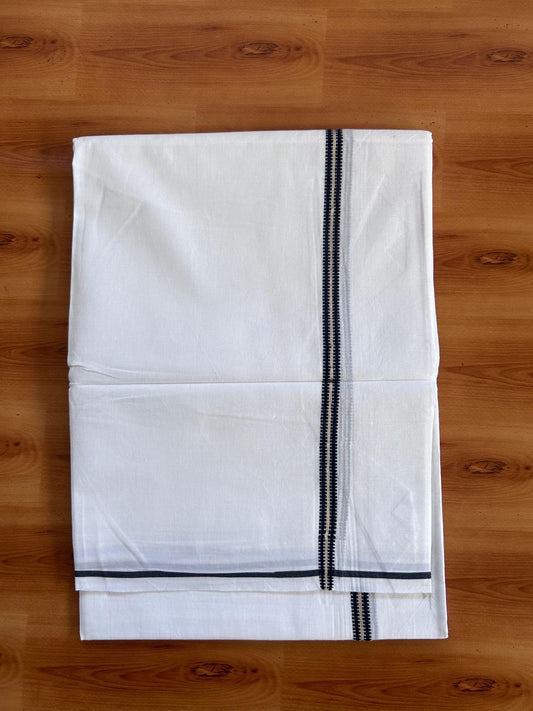 Pure White Double Mundu/Dhoti - 20% Discount ! Kaitharikada 100% Cotton  - 100x80 - 0.5 inch Silver Kasav & Navy blue Stripes Kara 3.80 mtr (8 muzham) - 4 KK5513 MC