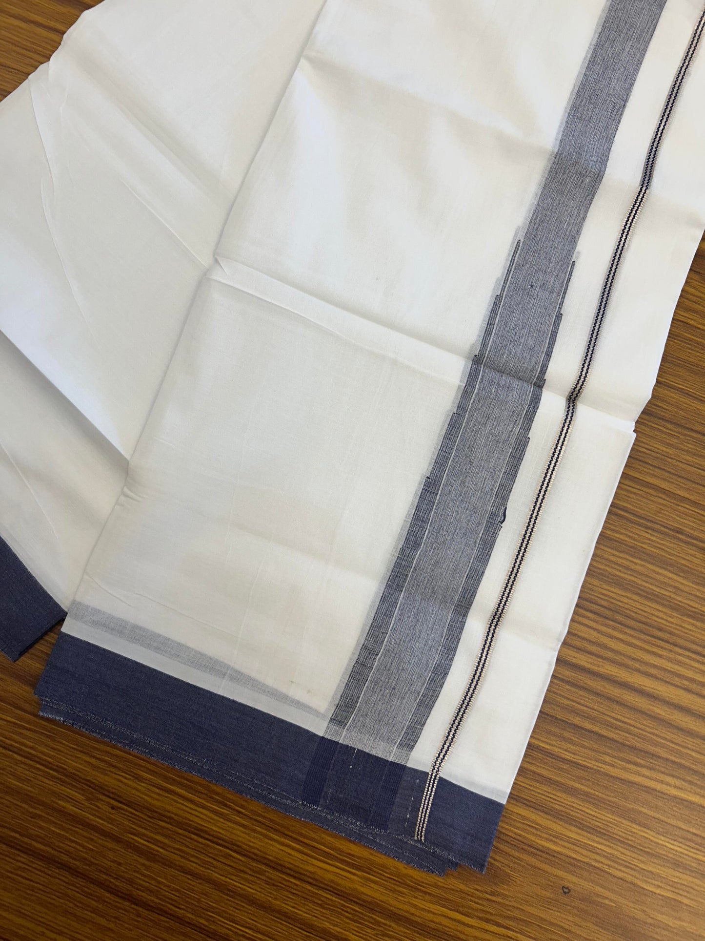 20% Discount ! KaithariKada Balaramapuram 100% Cotton Pure white Double Mundu/Dhoti - (100x80)s - 1.5 inch Silver Kasav & Navy Blue Shaded  Stripes Chutty Kara 3.90 mtr (8 muzham) - 128 KK5361 PMC