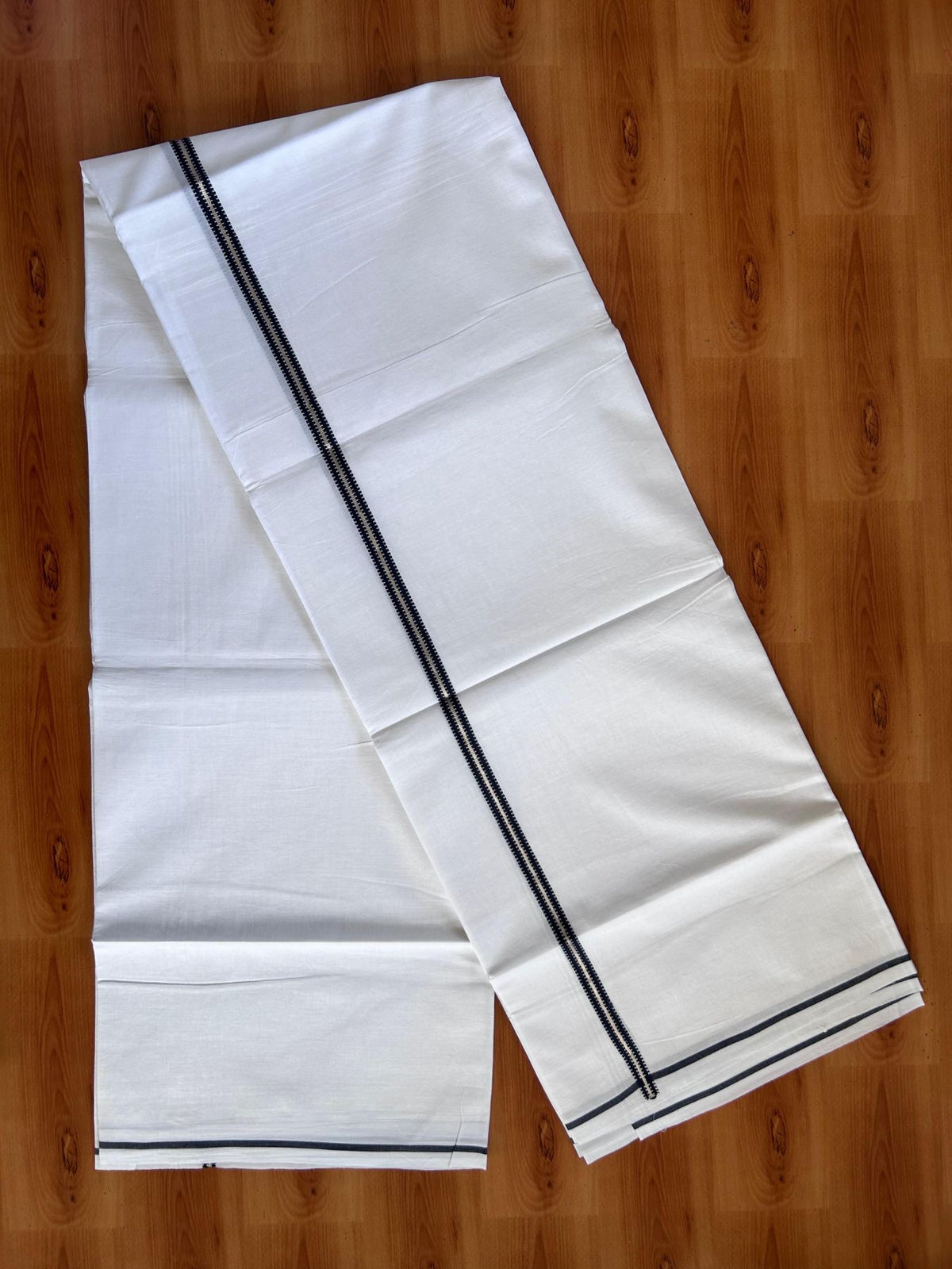 Pure White Double Mundu/Dhoti - 20% Discount ! Kaitharikada 100% Cotton  - 100x80 - 0.5 inch Silver Kasav & Navy blue Stripes Kara 3.80 mtr (8 muzham) - 4 KK5513 MC