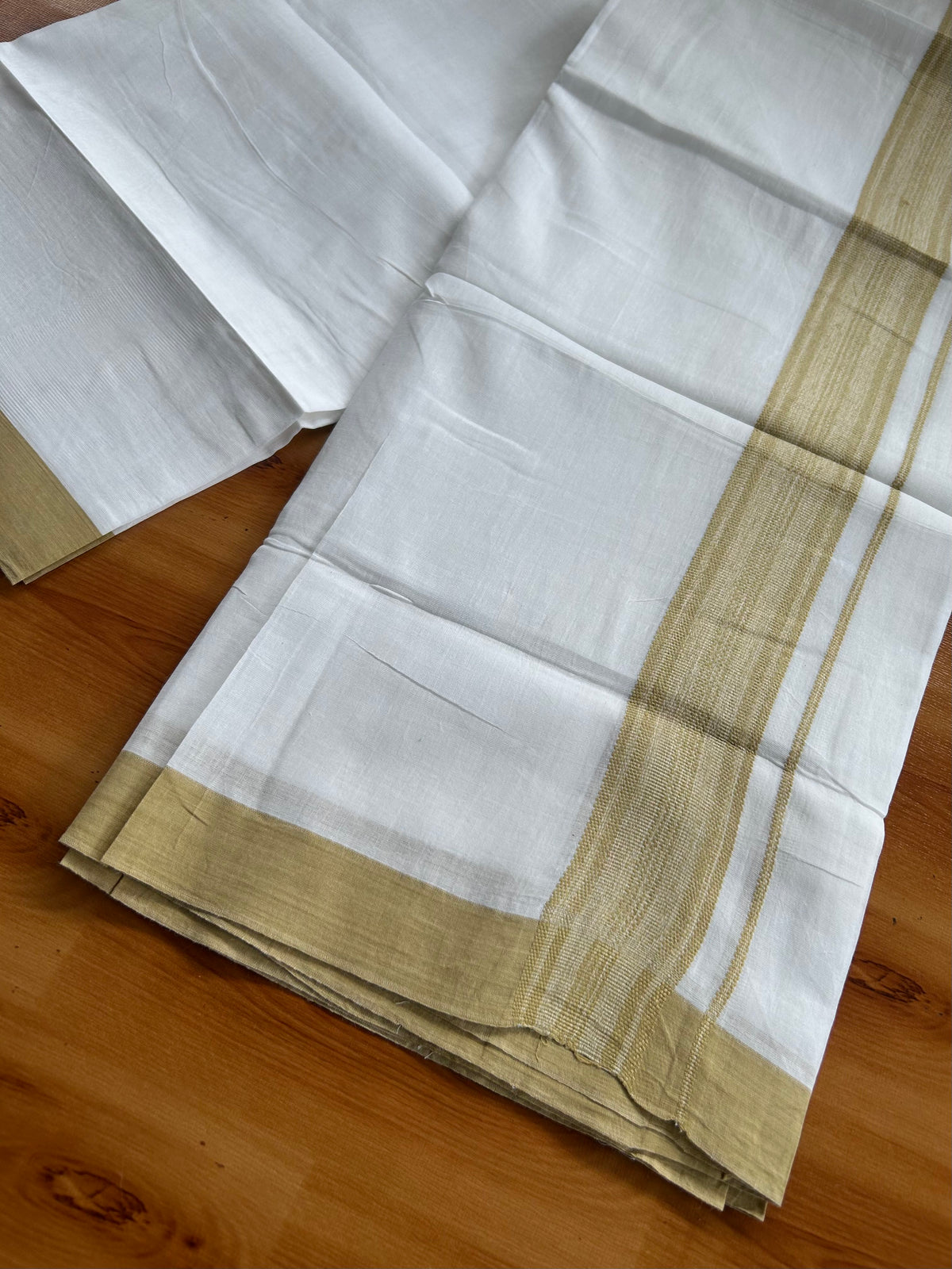 Pure White Double Mundu/Dhoti - 20% Discount ! Kaitharikada 100% Cotton - 100x80 - 1.75 inch Golden Brown Striped Kara 3.80 mtr (8 muzham) - 4 KK5558 THI