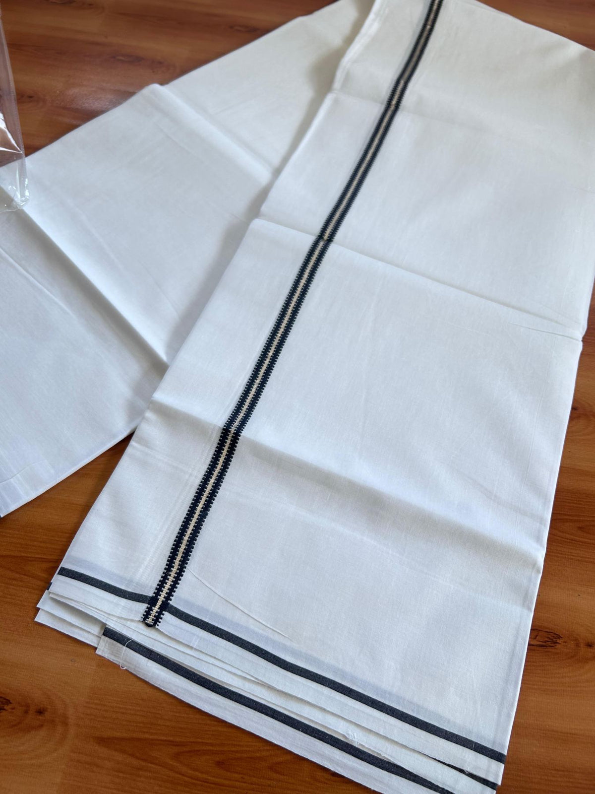 Pure White Double Mundu/Dhoti - 20% Discount ! Kaitharikada 100% Cotton  - 100x80 - 0.5 inch Silver Kasav & Navy blue Stripes Kara 3.80 mtr (8 muzham) - 4 KK5513 MC
