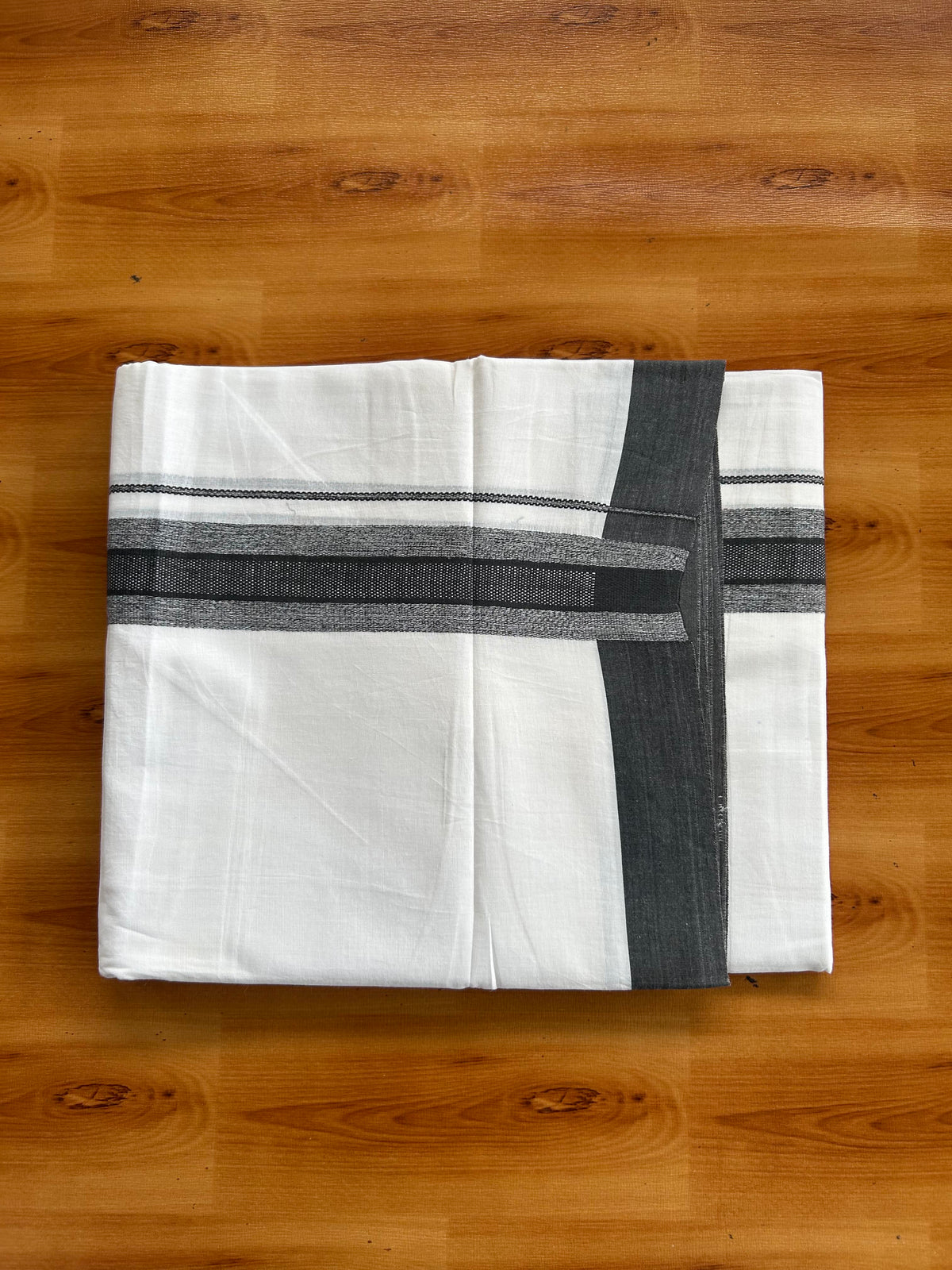 Pure White Double Mundu/Dhoti - 20% Discount ! Kaitharikada 100% Cotton - 100x80 - 1.5 inch Iron Grey Shaded Striped Kara 3.80 mtr (8 muzham) - 5 KK5558 THI