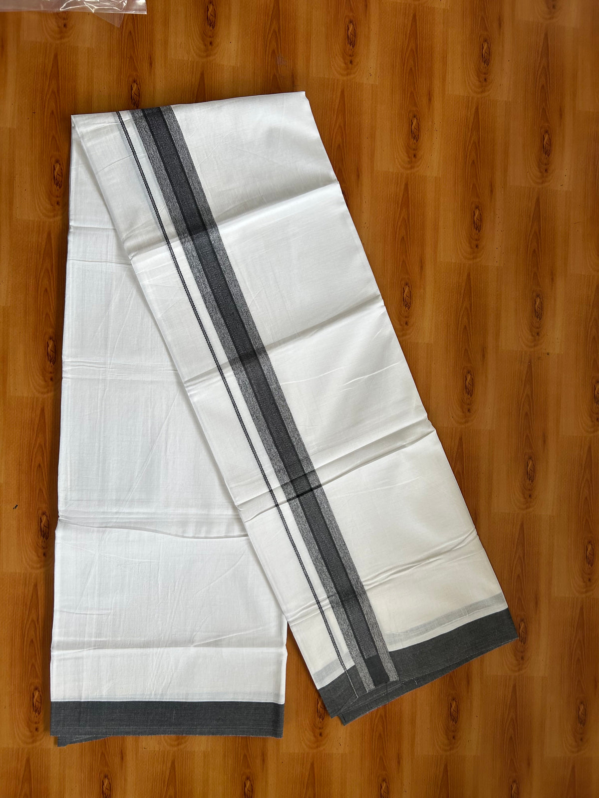 Pure White Double Mundu/Dhoti - 20% Discount ! Kaitharikada 100% Cotton - 100x80 - 1.5 inch Iron Grey Shaded Striped Kara 3.80 mtr (8 muzham) - 5 KK5558 THI