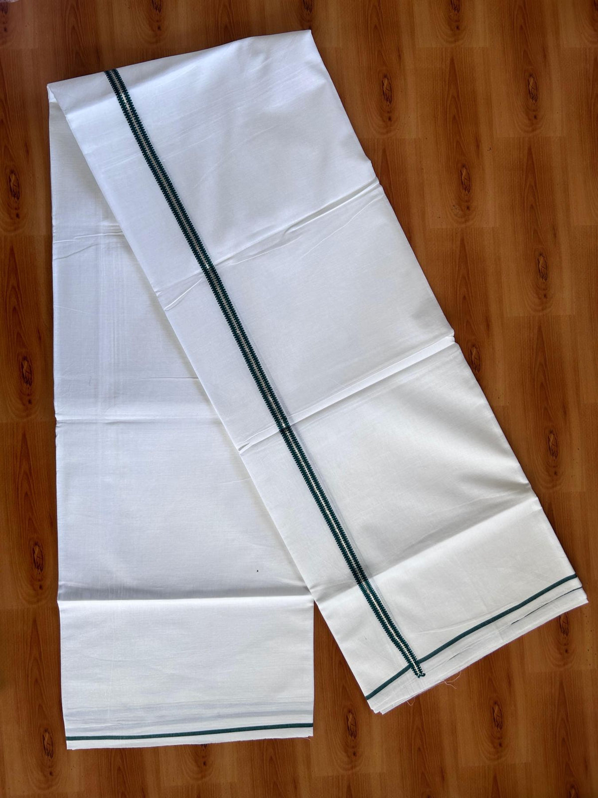 Pure White Double Mundu/Dhoti - 20% Discount ! Kaitharikada 100% Cotton  - 100x80 - 0.5 inch Silver Kasav & Dark Green Stripes Kara 3.80 mtr (8 muzham) - 2 KK5513 MC