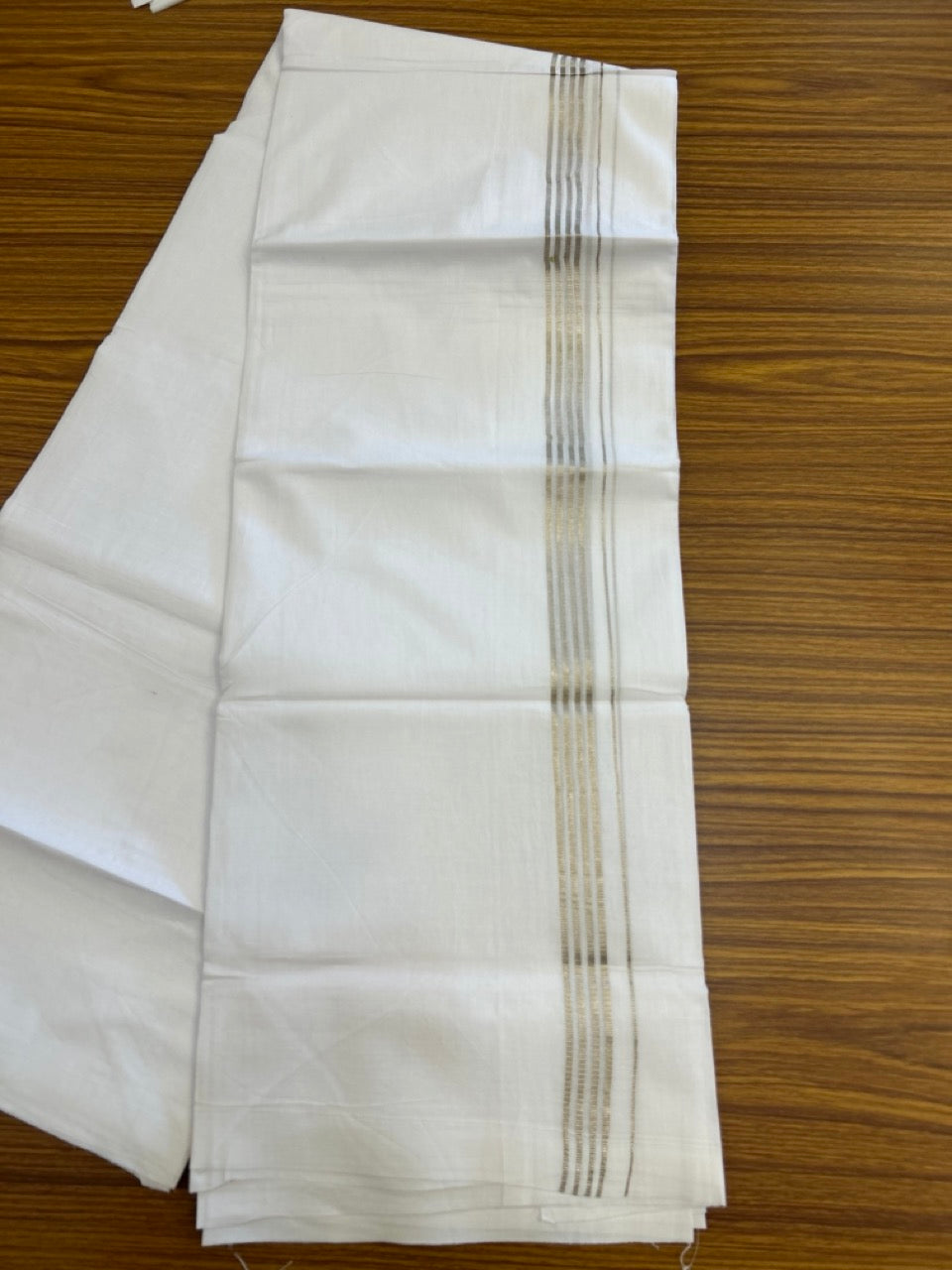 20% Discount ! Kaitharikada Balaramapuram 100% Cotton PURE WHITE Double Mundu/Dothi - 100x80 - 0.75 inch Silver Kasav Stripes Kara 3.80 mtr (8 muzham) - 41 KK5299 THI