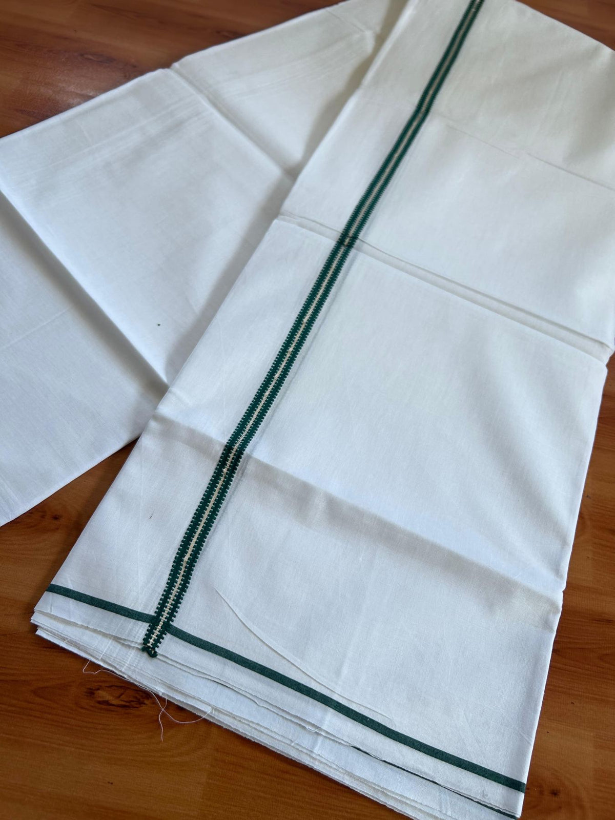 Pure White Double Mundu/Dhoti - 20% Discount ! Kaitharikada 100% Cotton  - 100x80 - 0.5 inch Silver Kasav & Dark Green Stripes Kara 3.80 mtr (8 muzham) - 2 KK5513 MC