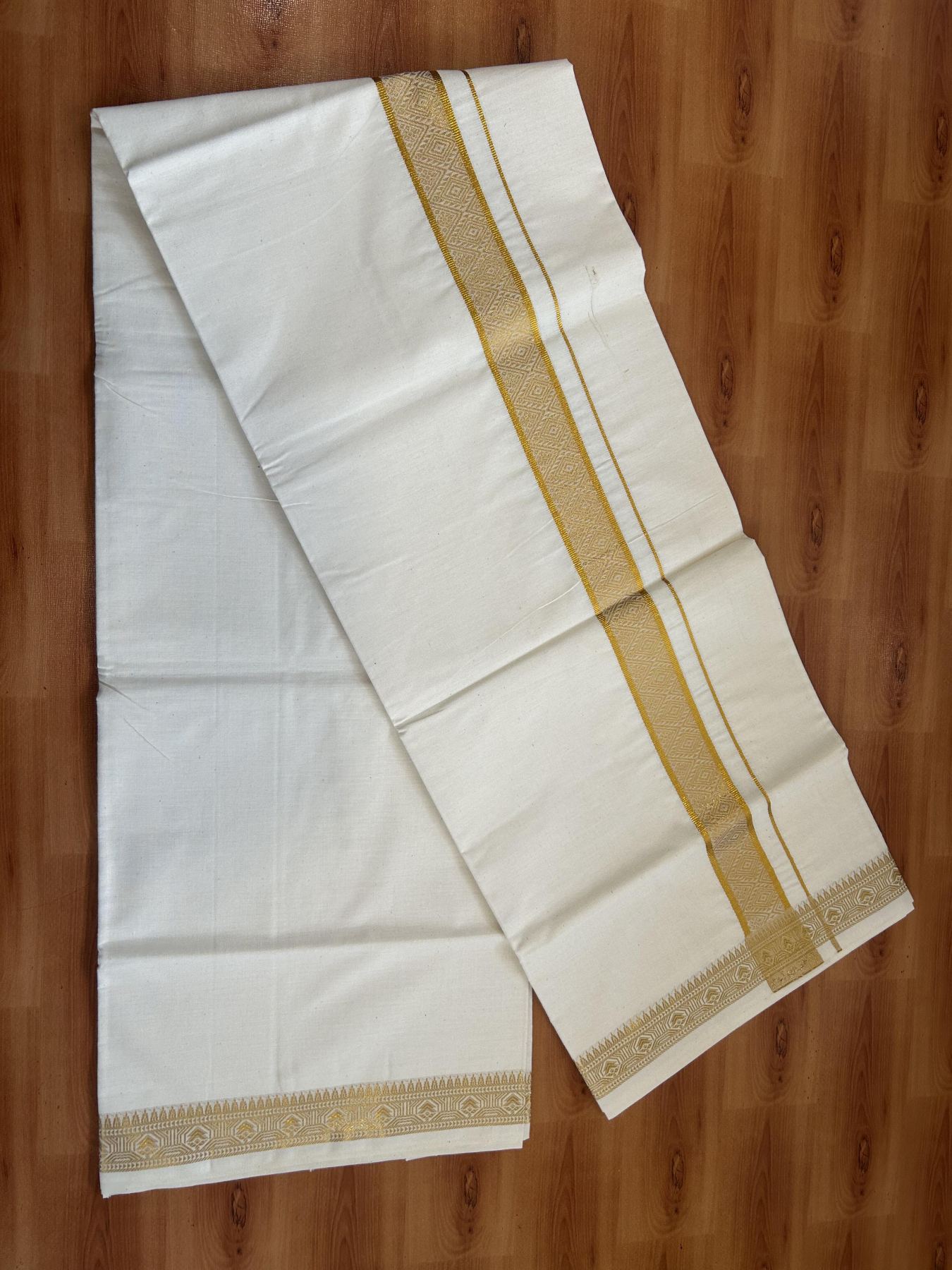 Single Off White - (Unbleached) Mundu/Dhoti - 20% Discount!! Kaitharikada Balaramapuram Pure Cotton - 40s - 1.25 inch Gold Kasav Jacquard Design Kara 2 mtr (4 muzham) - 21 KK5395 GAN
