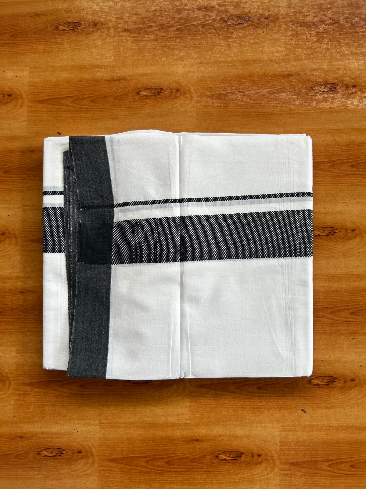 Pure White Double Mundu/Dhoti - 20% Discount ! Kaitharikada 100% Cotton - 100x80 - 1.75 inch Black Design Kara 3.80 mtr (8 muzham) - 6 KK5558 THI