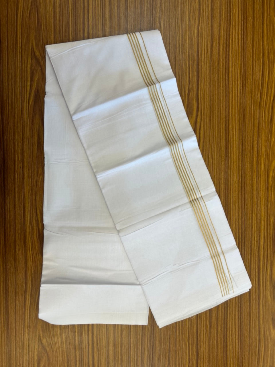 20% Discount ! Kaitharikada Balaramapuram 100% Cotton PURE WHITE Double Mundu/Dothi - 100x80 - 0.75 inch Gold Kasav Stripes Kara 3.80 mtr (8 muzham) - 42 KK5299 THI