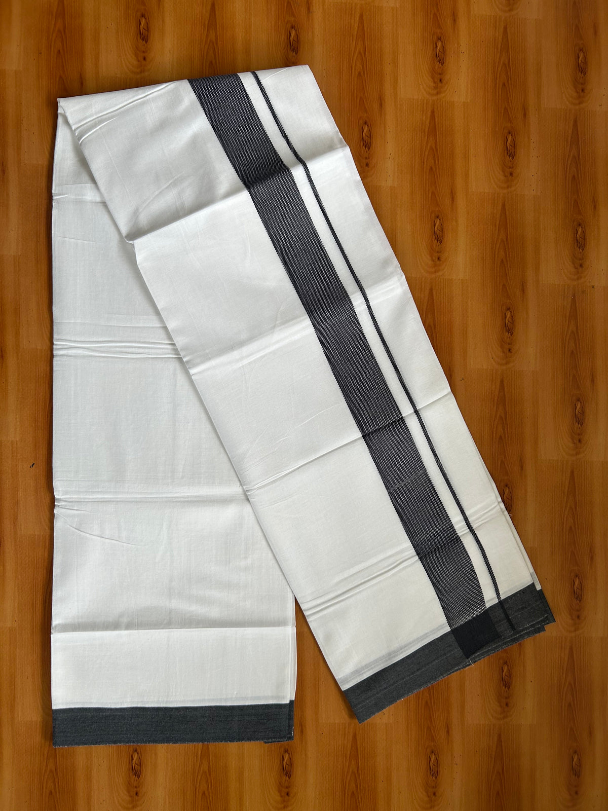 Pure White Double Mundu/Dhoti - 20% Discount ! Kaitharikada 100% Cotton - 100x80 - 1.75 inch Black Design Kara 3.80 mtr (8 muzham) - 6 KK5558 THI