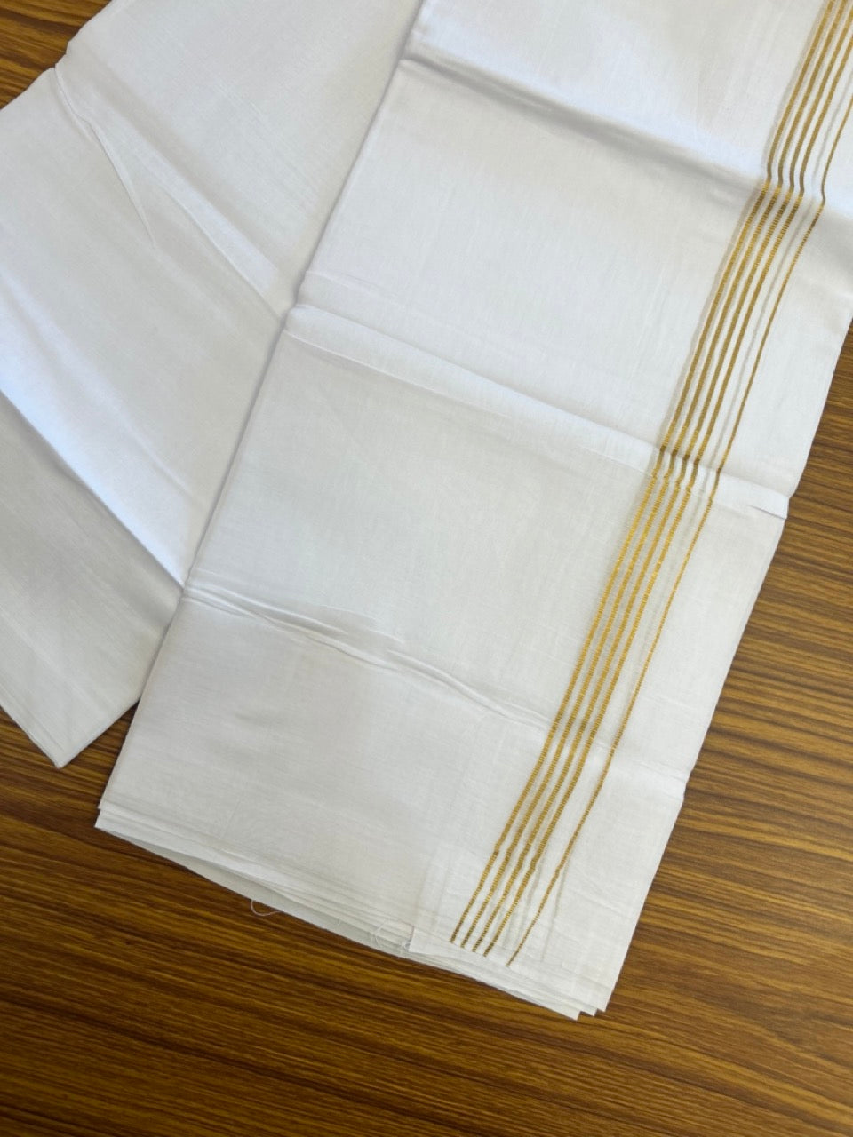20% Discount ! Kaitharikada Balaramapuram 100% Cotton PURE WHITE Double Mundu/Dothi - 100x80 - 0.75 inch Gold Kasav Stripes Kara 3.80 mtr (8 muzham) - 42 KK5299 THI