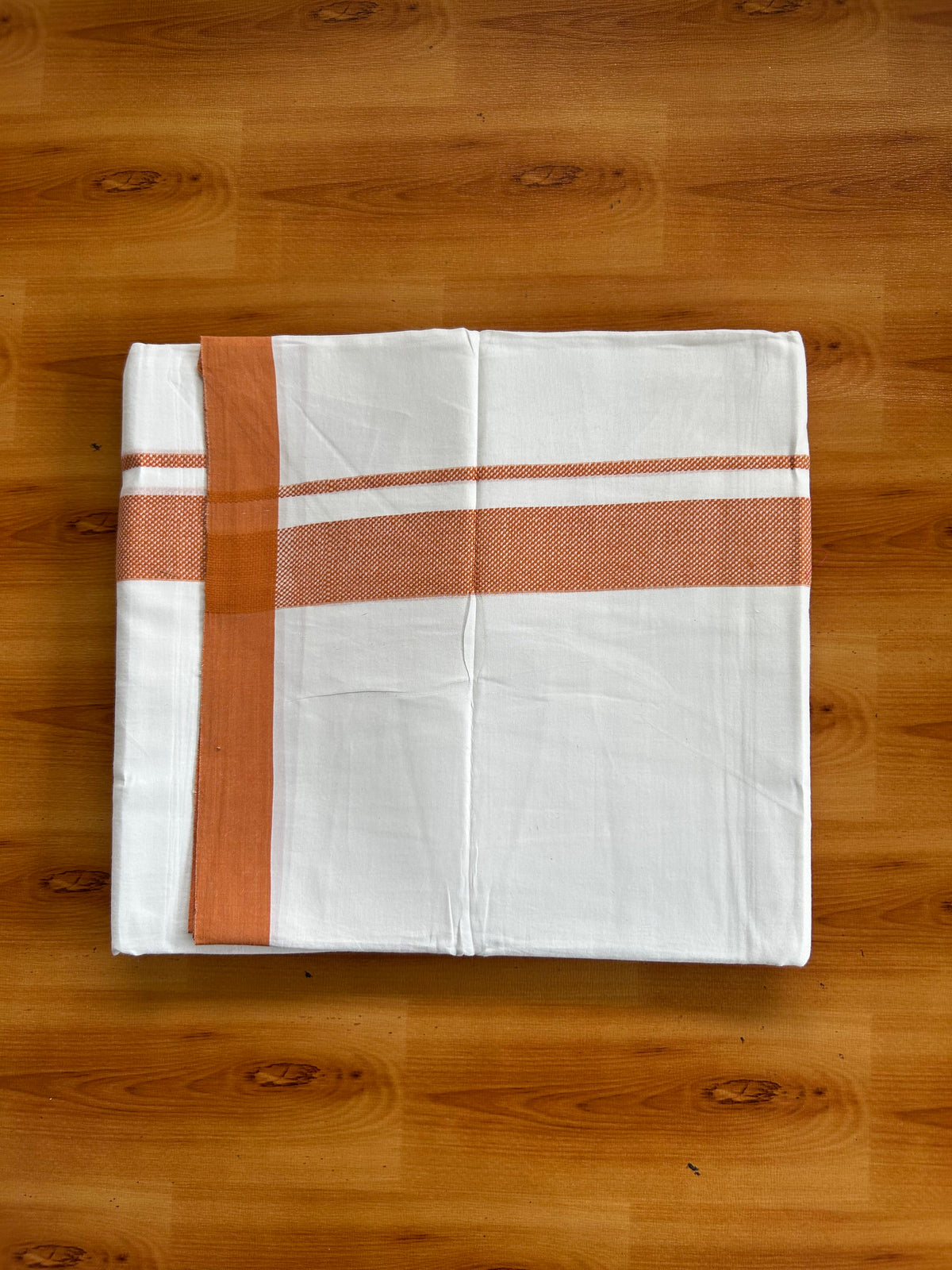 Pure White Double Mundu/Dhoti - 20% Discount ! Kaitharikada 100% Cotton - 100x80 - 1.75 inch Burnt Orange Design Kara 3.80 mtr (8 muzham) - 7 KK5558 THI