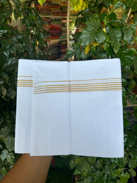 20% Discount ! Kaitharikada Balaramapuram 100% Cotton PURE WHITE Double Mundu/Dothi - 100x80 - 0.75 inch Gold Kasav Stripes Kara 3.80 mtr (8 muzham) - 42 KK5299 THI