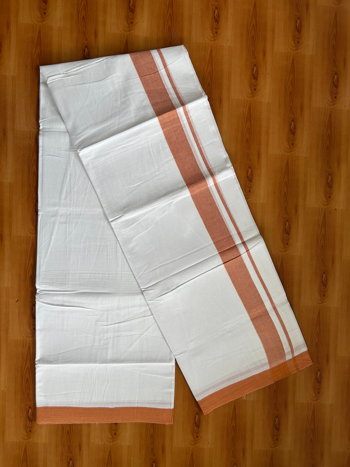Pure White Double Mundu/Dhoti - 20% Discount ! Kaitharikada 100% Cotton - 100x80 - 1.75 inch Burnt Orange Design Kara 3.80 mtr (8 muzham) - 7 KK5558 THI