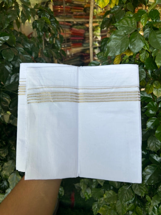 20% Discount ! Kaitharikada Balaramapuram 100% Cotton PURE WHITE Double Mundu/Dothi - 100x80 - 0.75 inch Silver Kasav Stripes Kara 3.80 mtr (8 muzham) - 41 KK5299 THI