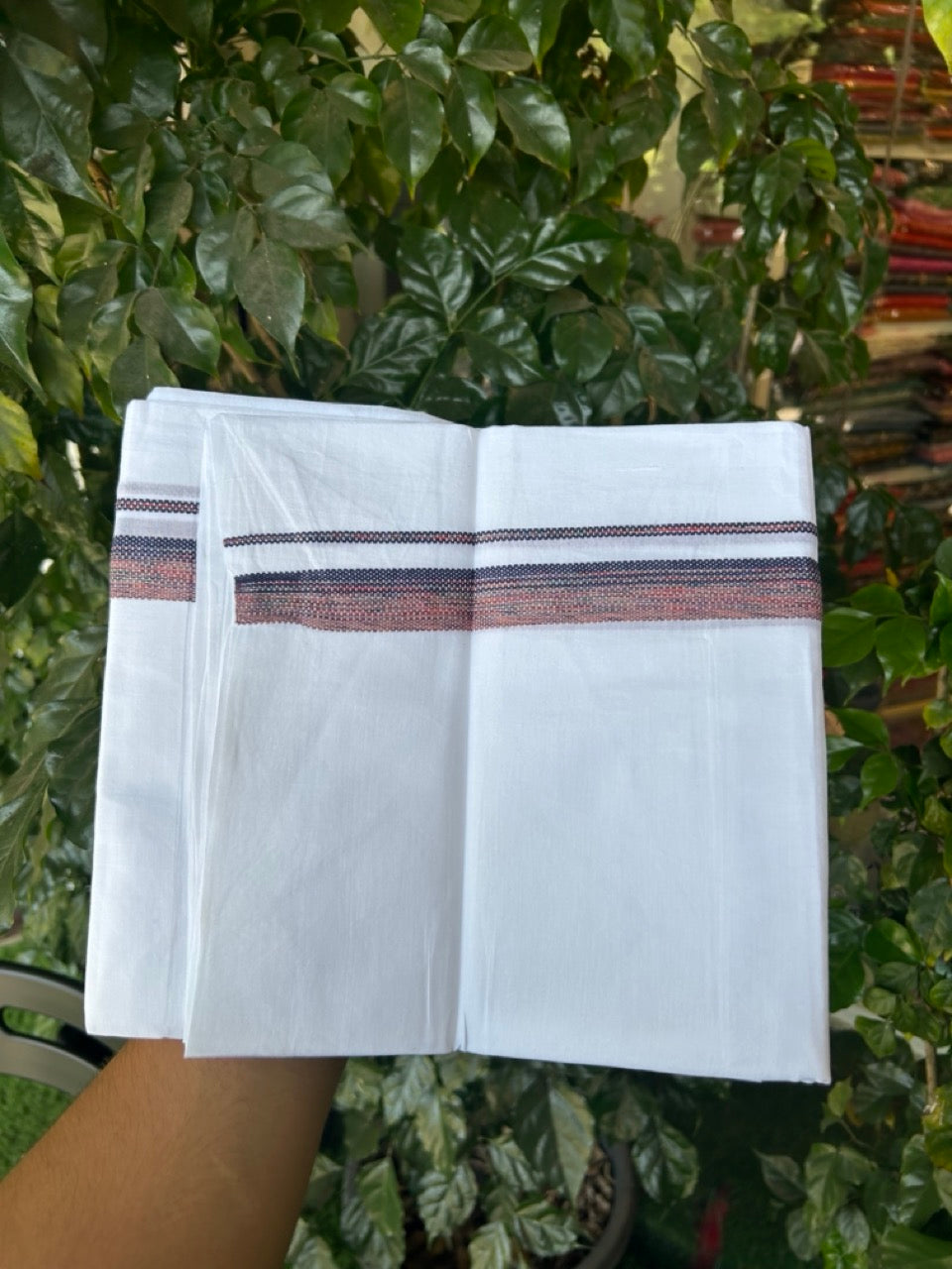 20% Discount ! Kaitharikada Balaramapuram 100% Cotton Pure White Double Rainbow Mundu/Dothi - 100x80 - 0.75 inch Navy Blue & Dusty Rose Kara 3.80 mtr (8 muzham) - 23 KK5299 THI