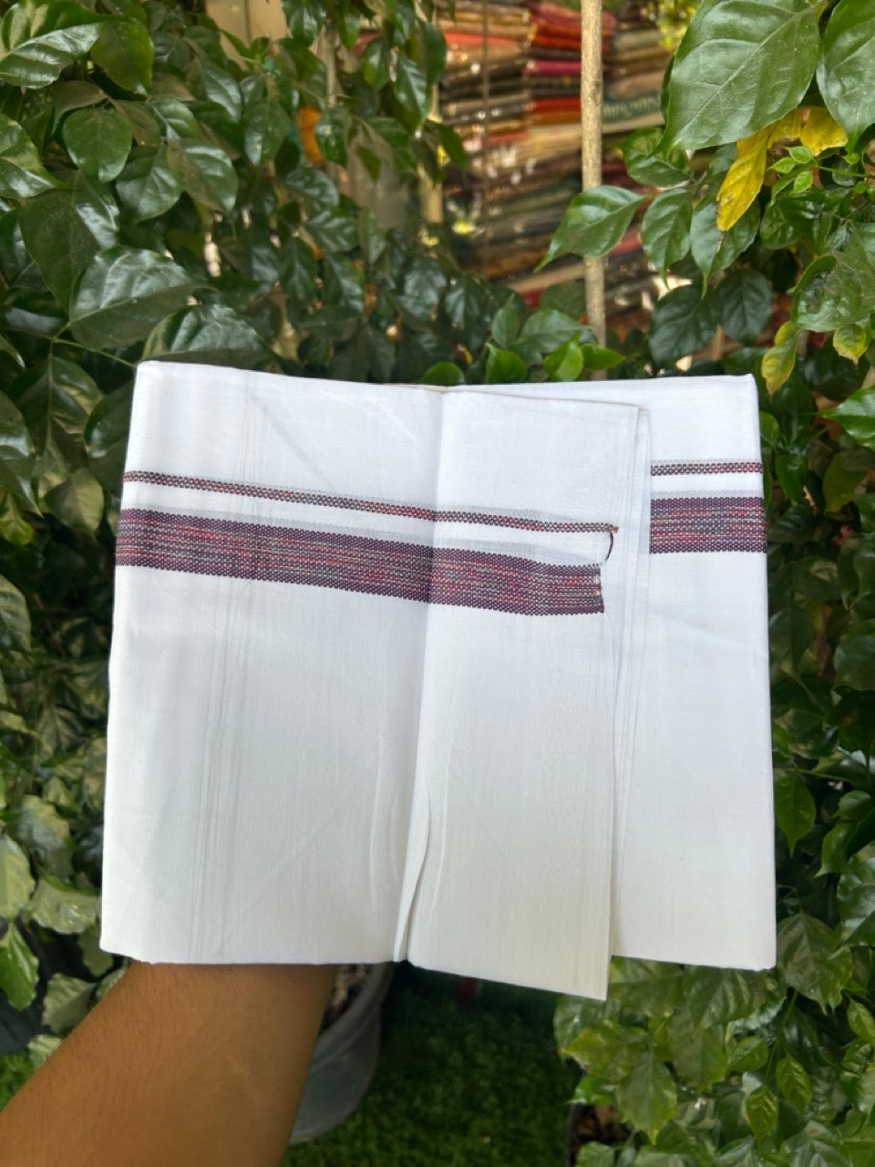 20% Discount ! Kaitharikada Balaramapuram 100% Cotton Pure White Rainbow Double Mundu/Dothi - 100x80 - 0.75 inch Dark Purple & Multi colour Kara 3.80 mtr (8 muzham) - 30 KK5299 THI