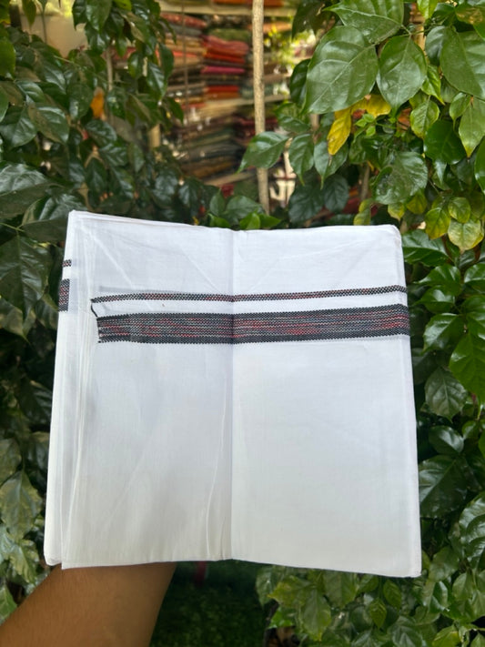 20% Discount ! Kaitharikada Balaramapuram 100% Cotton Pure White Rainbow Double Mundu/Dothi - 100x80 - 0.75 inch Black & Multi colour Kara 3.80 mtr (8 muzham) - 36 KK5299 THI