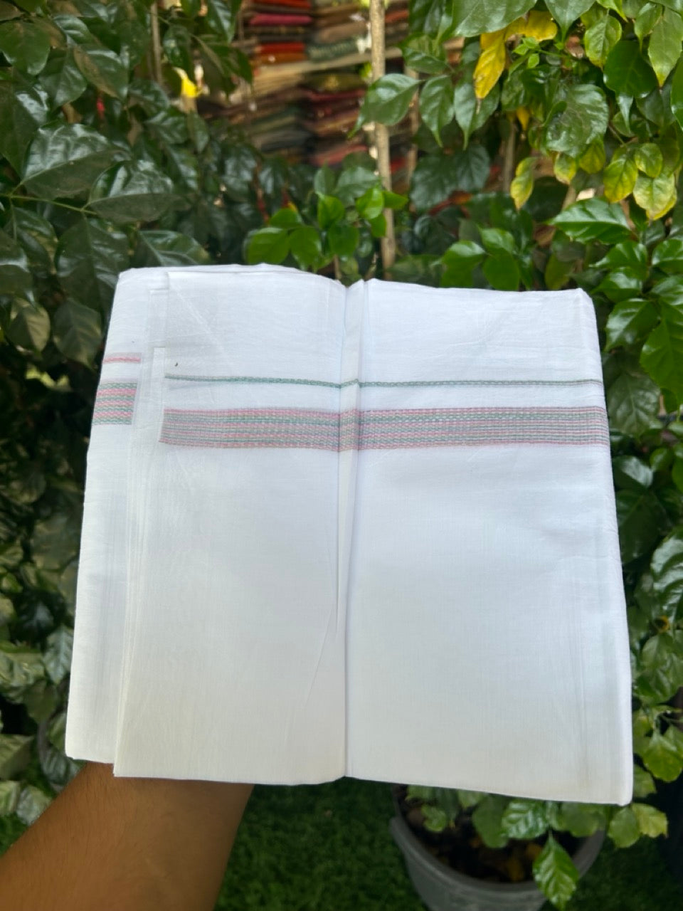 20% Discount ! Kaitharikada Balaramapuram 100% Cotton Pure White Rainbow Double Mundu/Dothi - 100x80 - 0.75 inch Multi colour Kara 3.80 mtr (8 muzham) - 33 KK5299 THI
