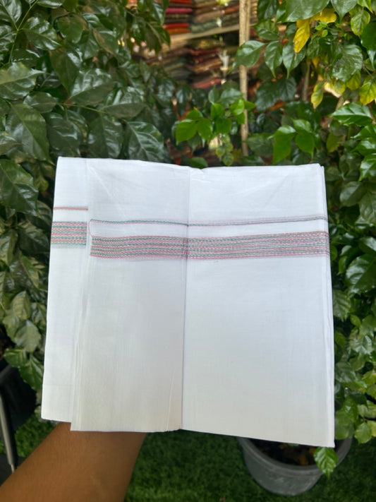 20% Discount ! Kaitharikada Balaramapuram 100% Cotton Pure White Rainbow Double Mundu/Dothi - 100x80 - 0.75 inch Multi colour Kara 3.80 mtr (8 muzham) - 34 KK5299 THI