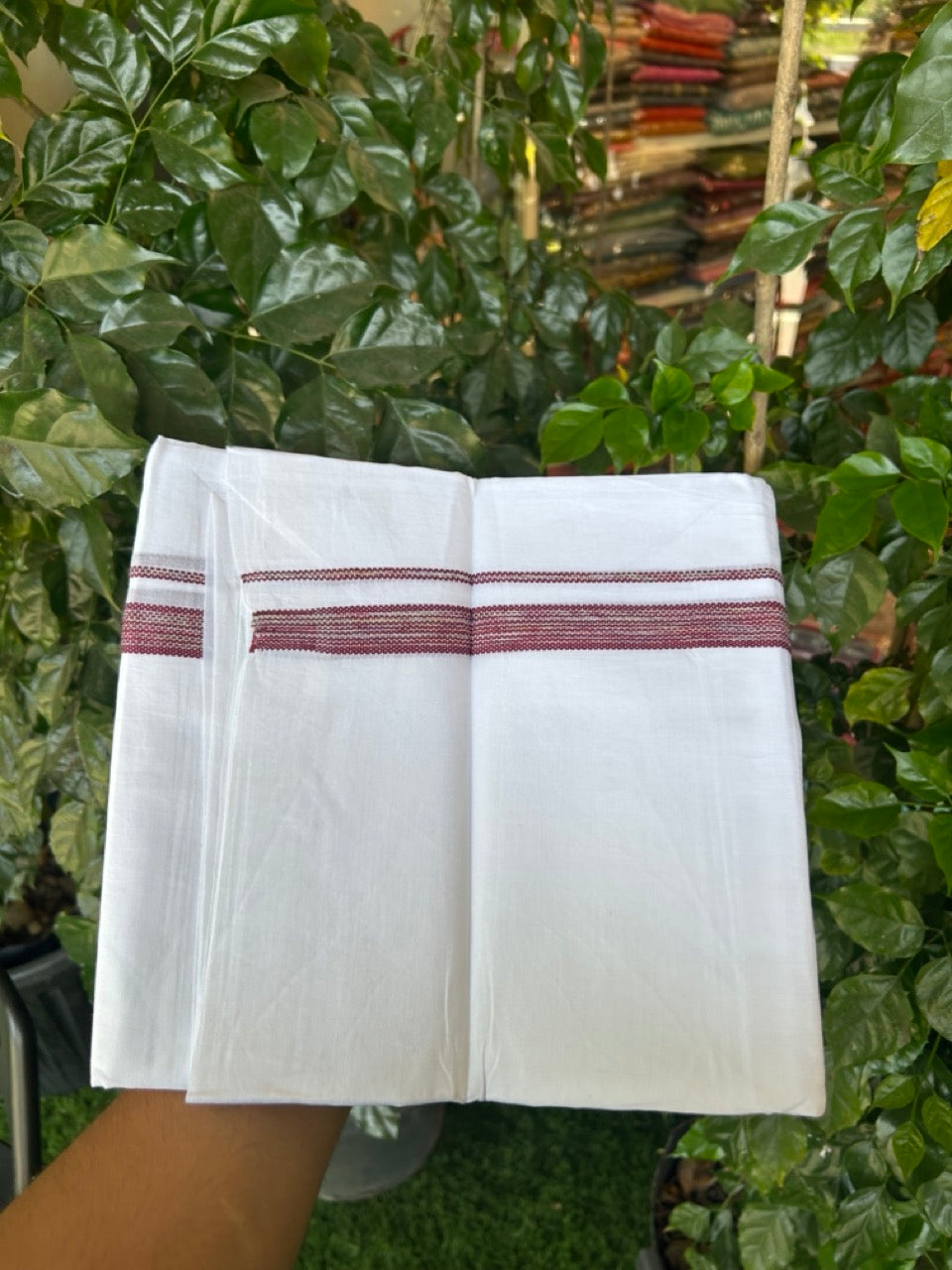 20% Discount ! Kaitharikada Balaramapuram 100% Cotton Pure White Double Rainbow Mundu/Dothi - 100x80 - 0.75 inch Maroon & Multi colour Kara 3.80 mtr (8 muzham) - 25 KK5299 THI