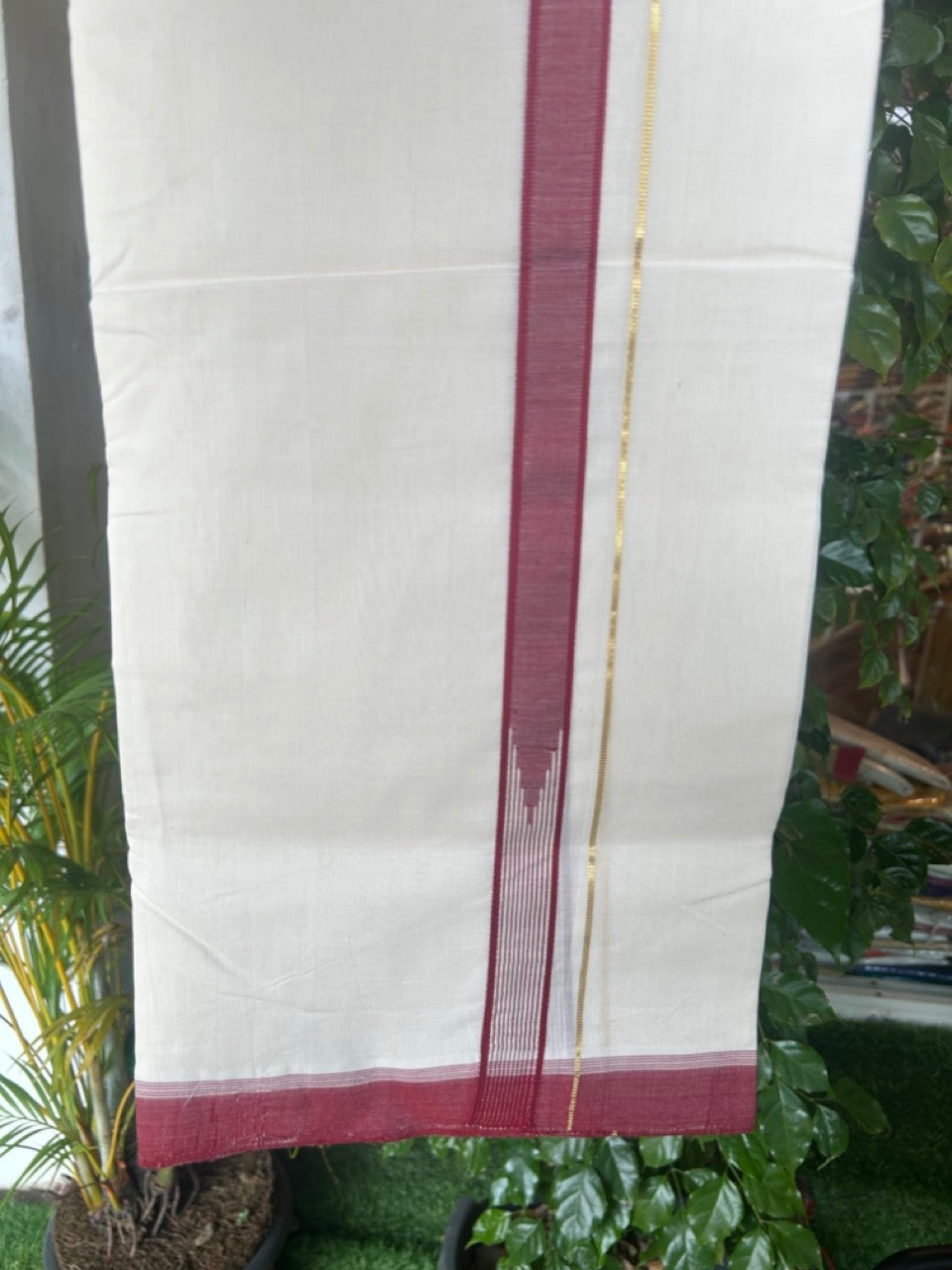 25% DISCOUNT!! KaithariKada HANDLOOM  UNAKKUPAAV Balaramapuram - 100% PURE Cotton OFF White - (Unbleached) Double Mundu/Dothi - 100x100 - PURE KASAVU 2 cm Red & White striped chutty 3.80 meter (8.5 Muzham) - 25KK5167REA