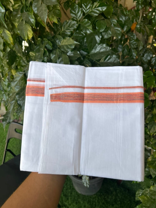 20% Discount ! Kaitharikada Balaramapuram 100% Cotton Pure White Rainbow Double Mundu/Dothi - 100x80 - 0.75 inch Light Orange & Multi colour Kara 3.80 mtr (8 muzham) - 28 KK5299 THI